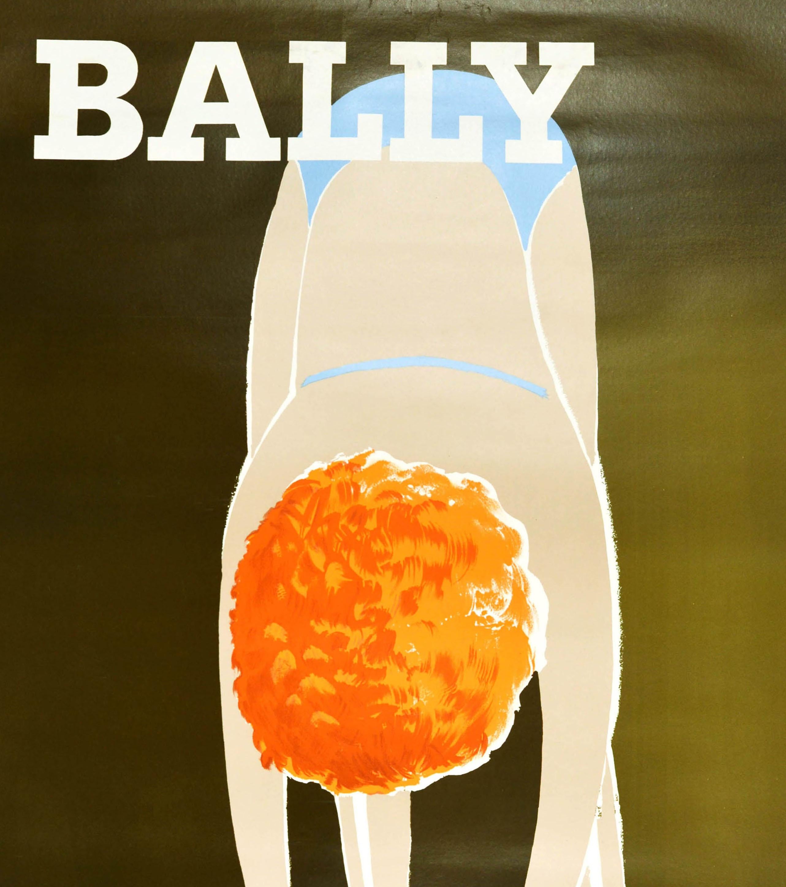 Original vintage advertising poster for Bally Shoes featuring a great image by Fix Masseau (Pierre Felix Masseau; 1905-1994) of a lady leaning over, putting on her shiny new red shoes. Large size. Good condition, minor staining, minor creasing,