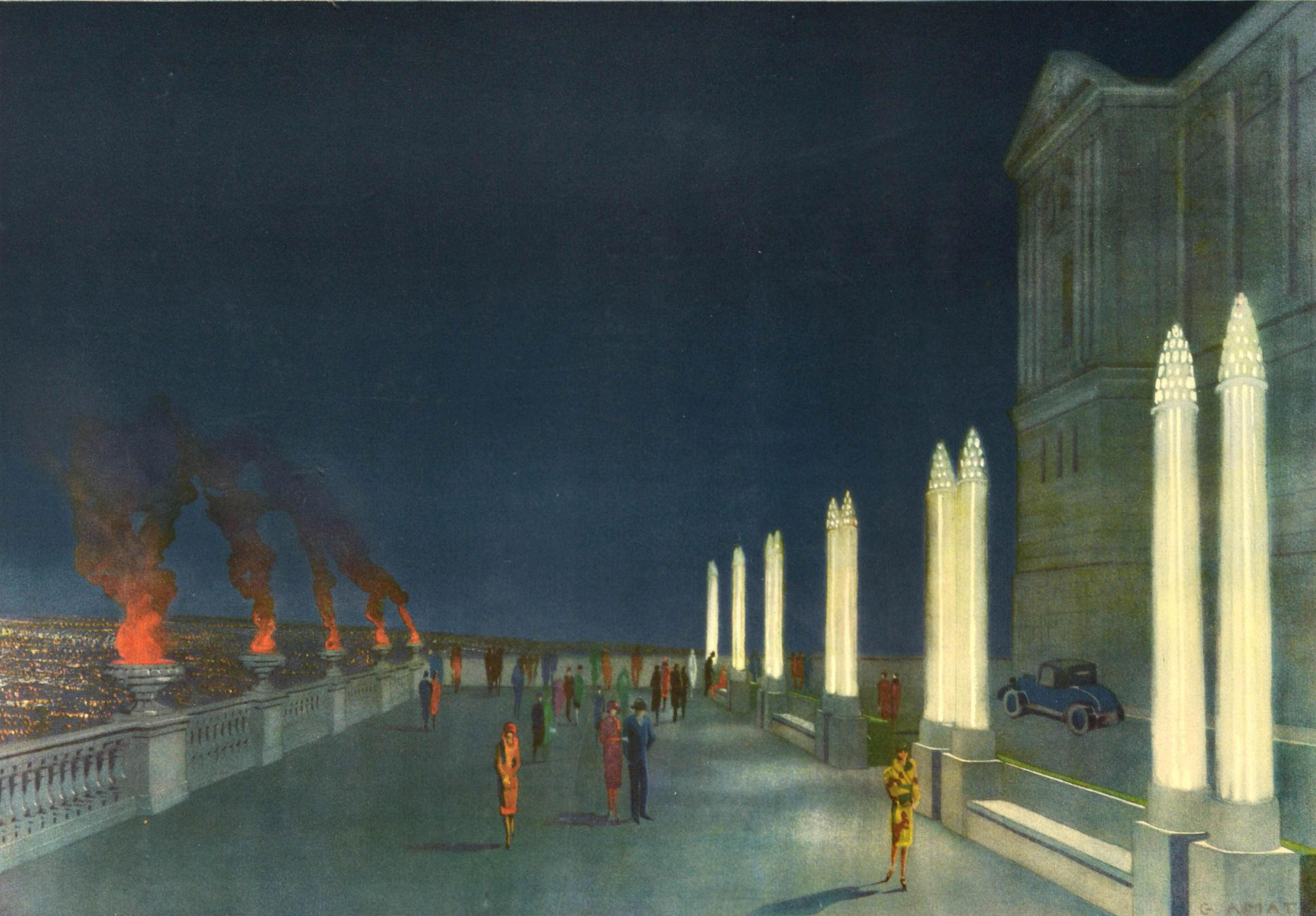 Original vintage advertising poster for the Exposicion Internacional Barcelona International Exposition held from 20 May 1929 to 15 January 1930 featuring an Art Deco illustration of people walking in front of the glass columns lit by electricity