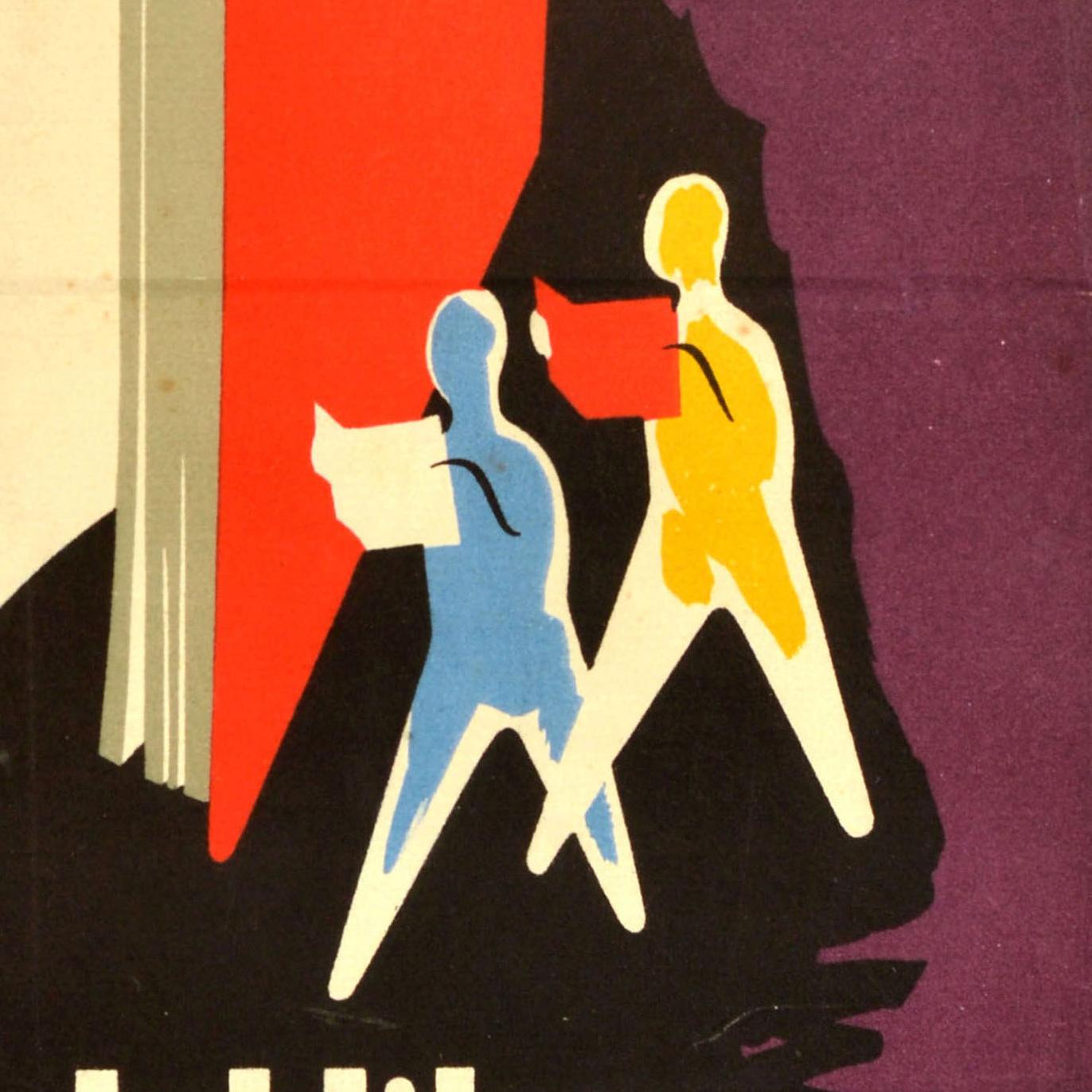 Original vintage advertising poster for the Dia del libro IV Centenario del Gremio de Libreros de Barcelona / Book Day IV Centenary of the Booksellers' Guild of Barcelona on 23 April 1954 featuring an illustration of blue and yellow silhouettes of