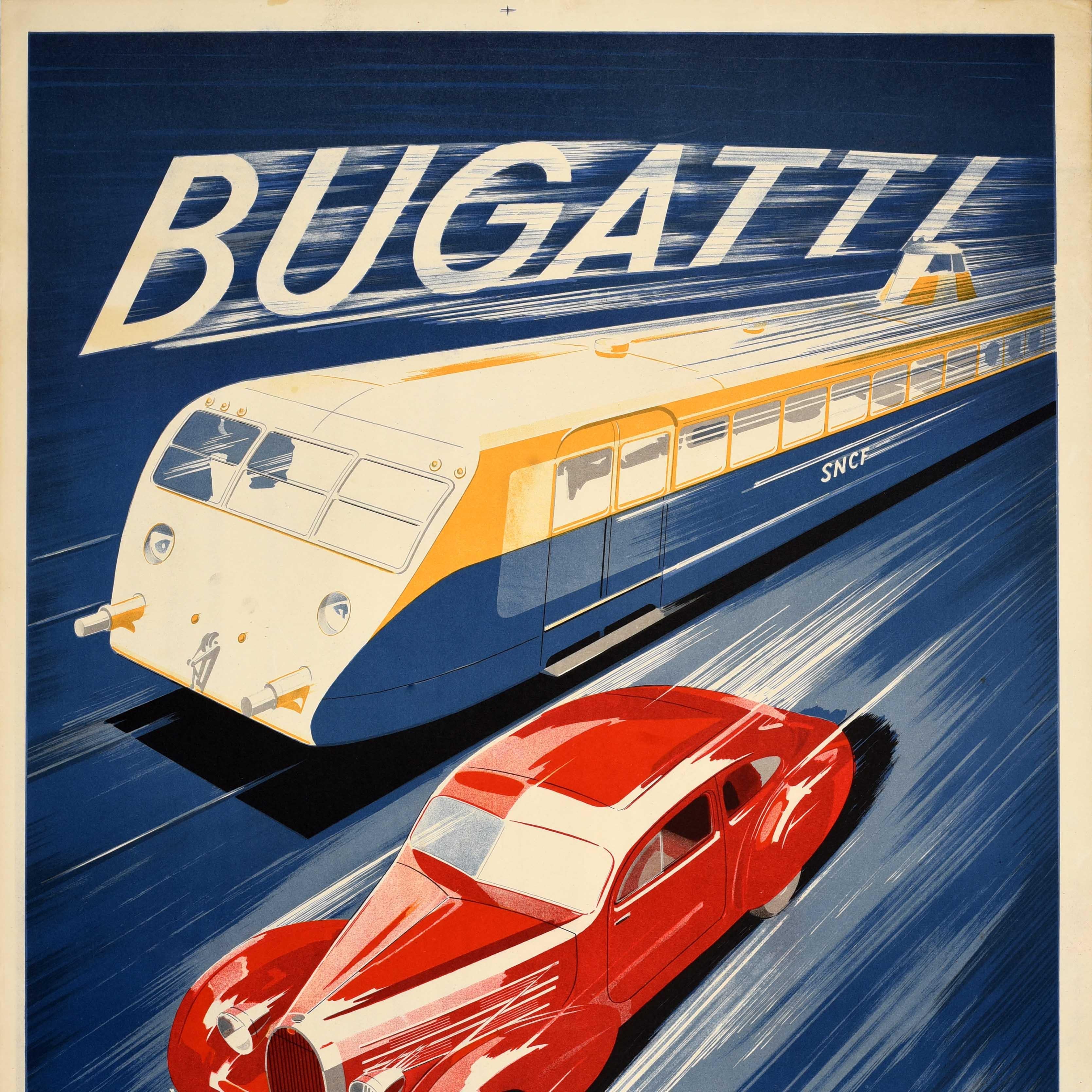 Art Déco Poster pubblicitario originale d'epoca Bugatti Automobiles Autorails Molsheim in vendita