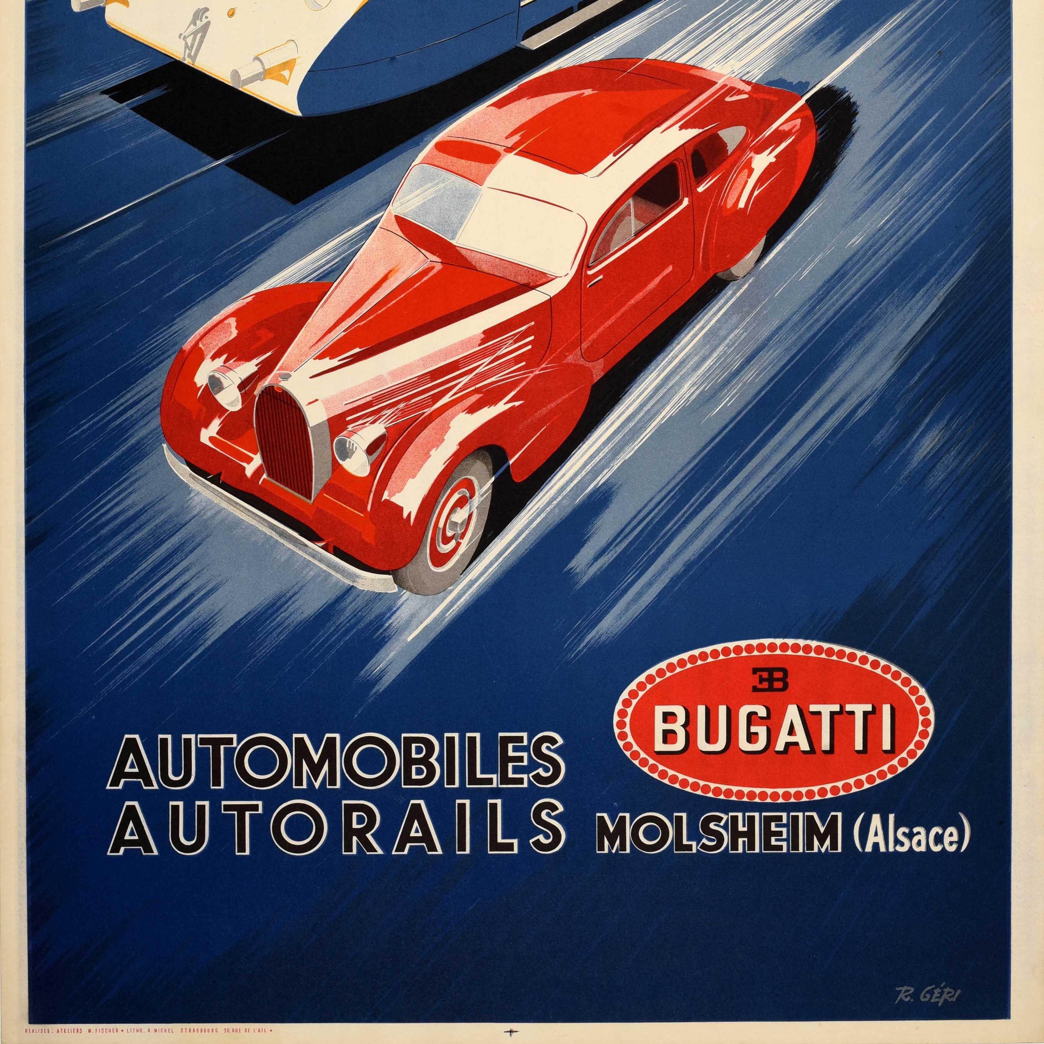 Francese Poster pubblicitario originale d'epoca Bugatti Automobiles Autorails Molsheim in vendita