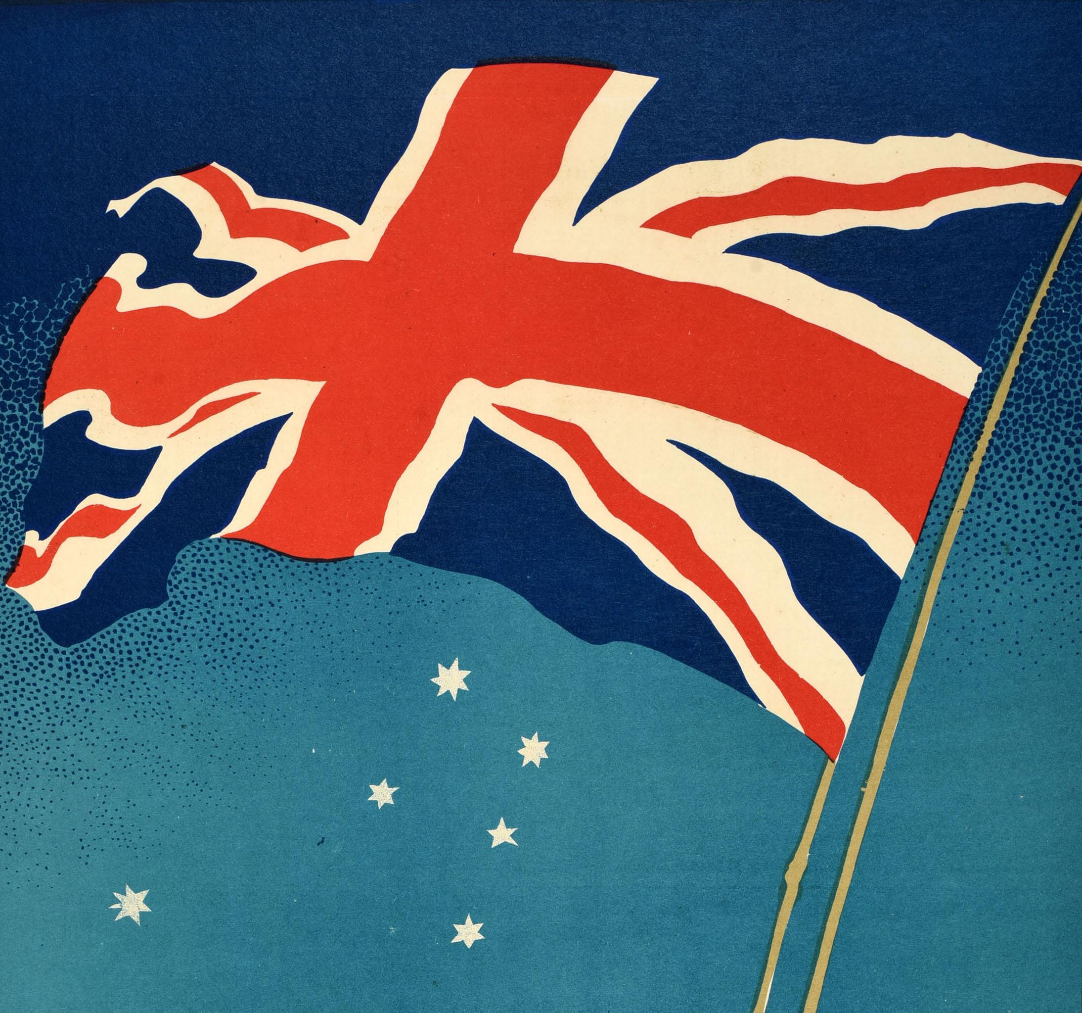 Original vintage advertising poster - Buy Empire Goods Australia is a Partner Empire Shopping Week 20 to 25 May issued by the New South Wales Shopping Week Council - featuring an illustration of the Union Jack flag flying against a white star