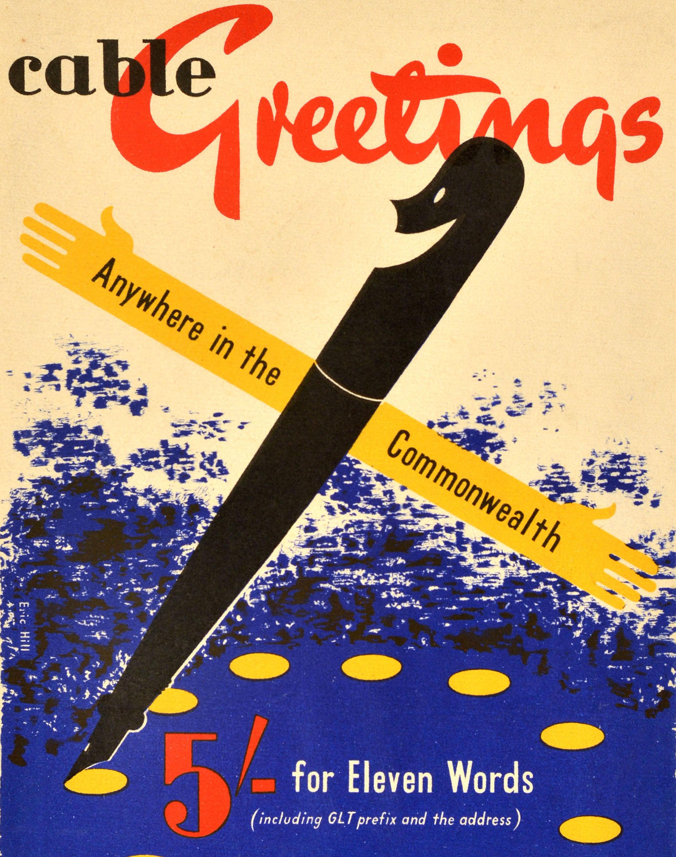 Poster pubblicitario originale d'epoca per il General Post Office GPO - Cable Greetings Anywhere in the Commonwealth 5'- per undici parole (incluso il prefisso GLT e l'indirizzo) da questo ufficio di GPO Cable & Wireless - con un'illustrazione