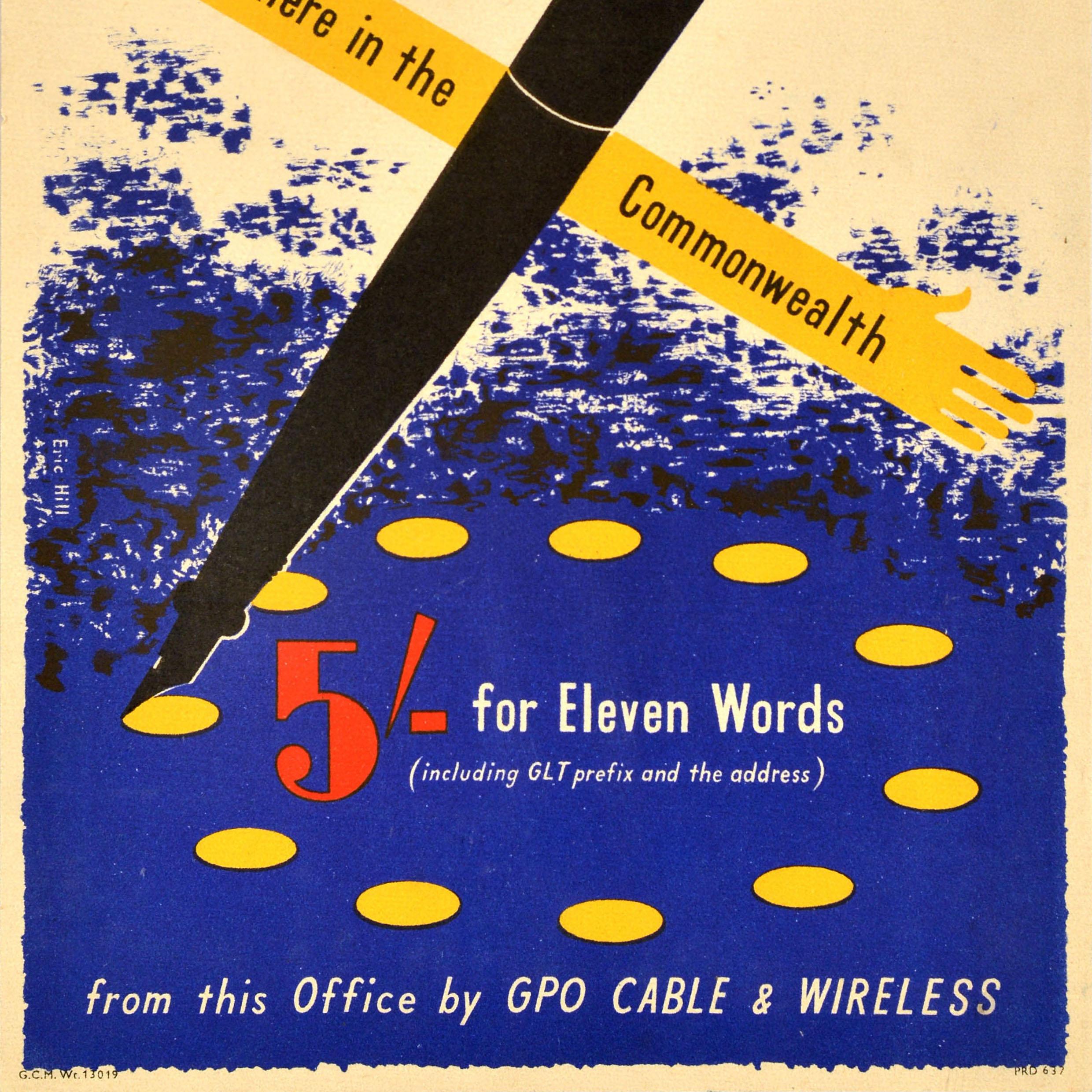 Britannico Poster pubblicitario originale d'epoca Saluti via cavo GPO ovunque nel Commonwealth in vendita