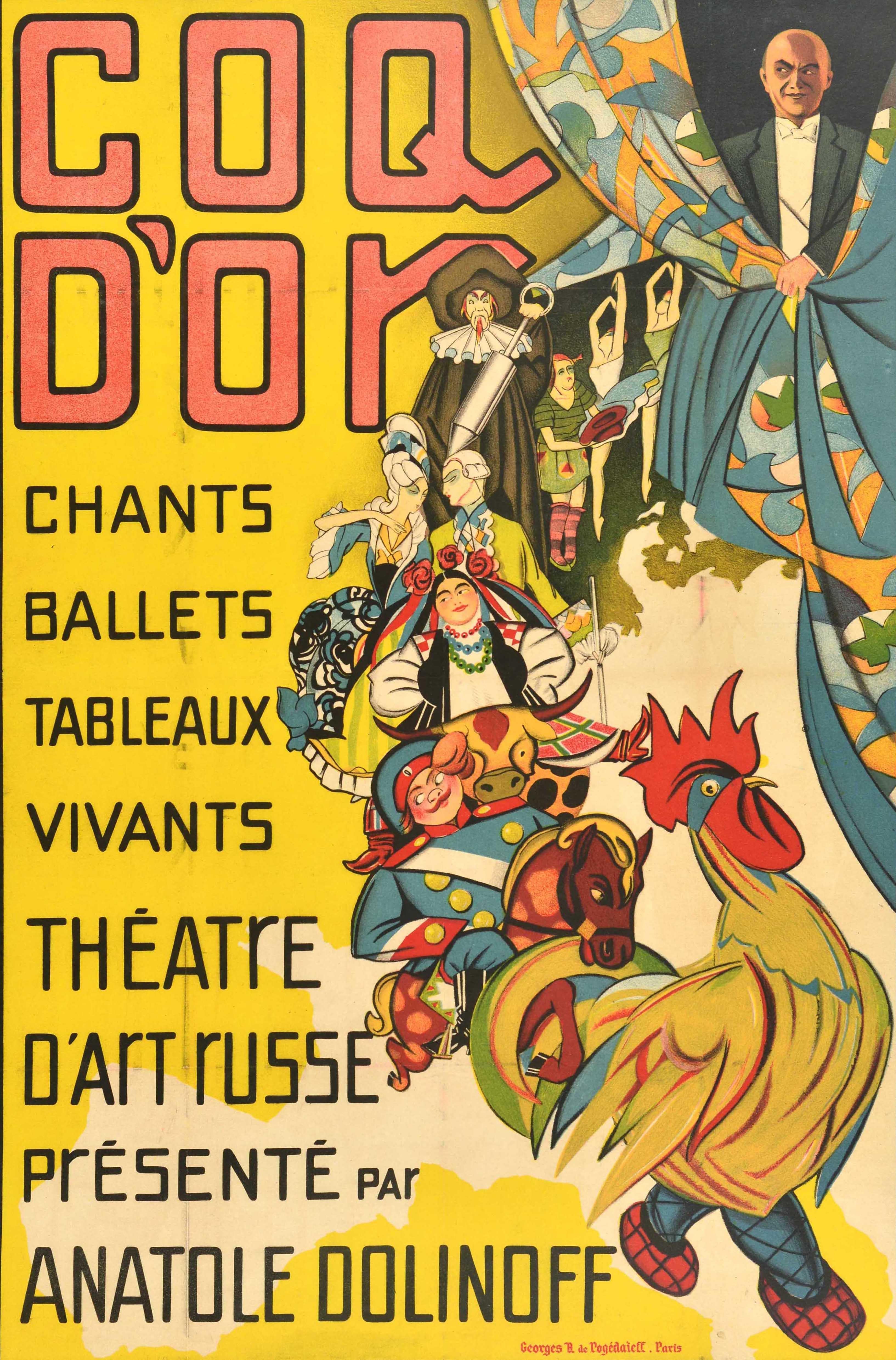 Manifesto pubblicitario d'epoca originale di musica lirica e danza per il Coq d'Or chants ballets tableaux vivants Theatre d'Art Russe presente par Anatole Dolinoff / Golden Rooster songs ballet living paintings Russian Art Theatre presented by