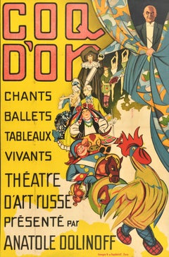 Cartel Publicitario Original Vintage Coq dOr Teatro de Arte Ruso Anatole Dolinoff