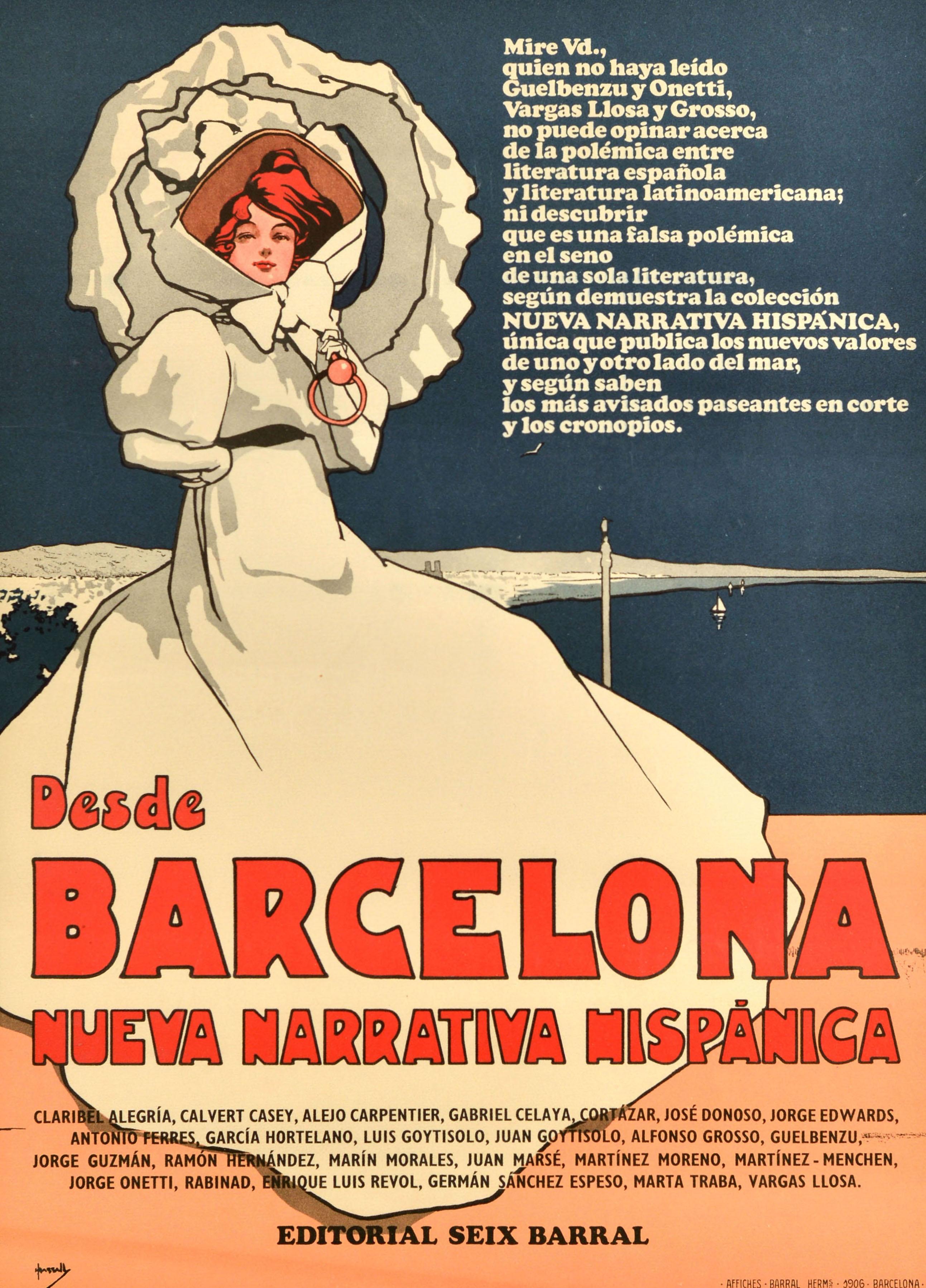 Affiche publicitaire vintage originale reprenant l'œuvre d'art de l'affiche de 1906 illustrée par le célèbre artiste John Hassall (1868-1948) représentant une dame victorienne élégamment vêtue d'une longue robe blanche et d'un chapeau blanc avec un