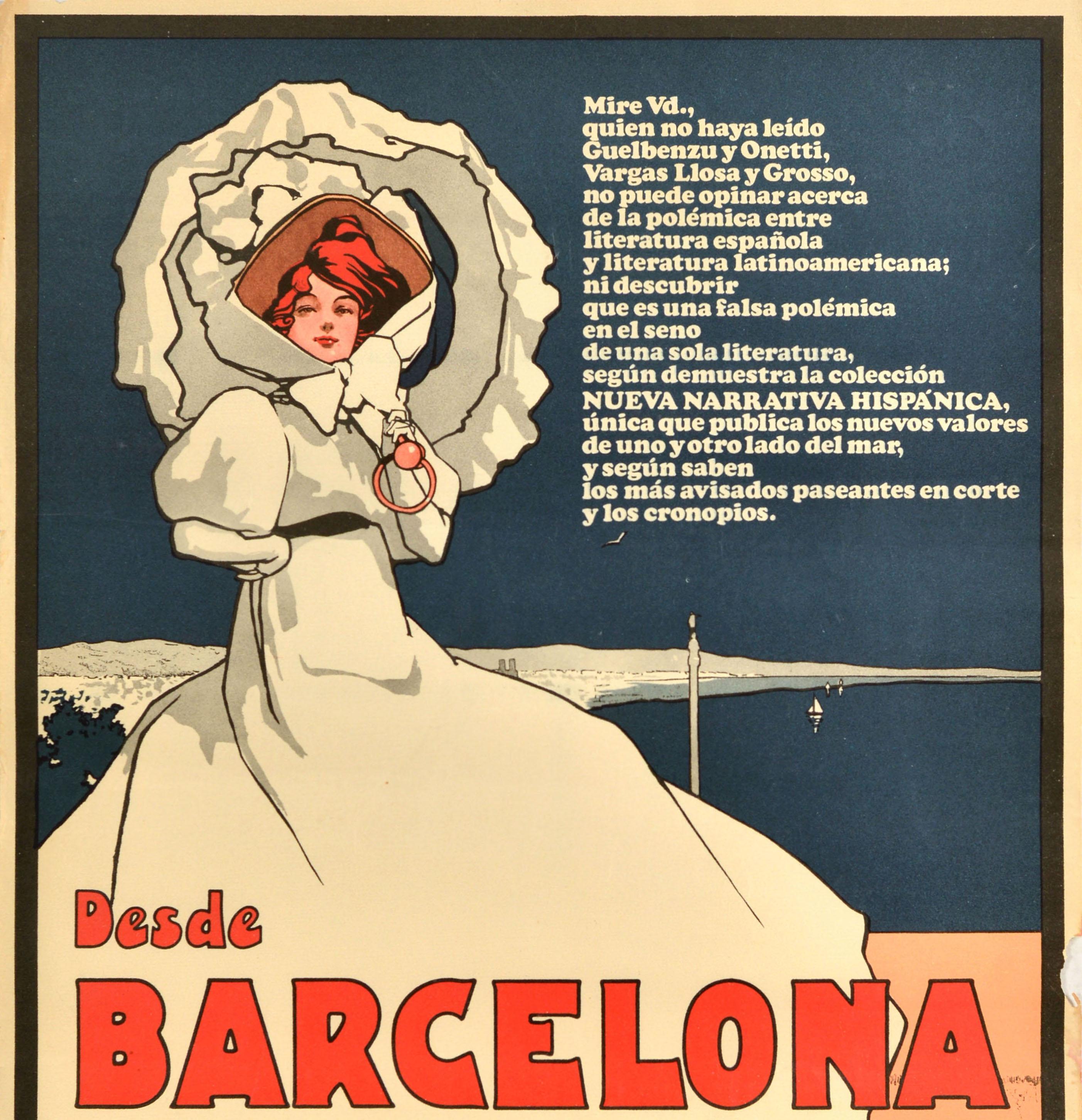 Spanish Original Vintage Advertising Poster Desde Barcelona Victorian Lady John Hassall For Sale