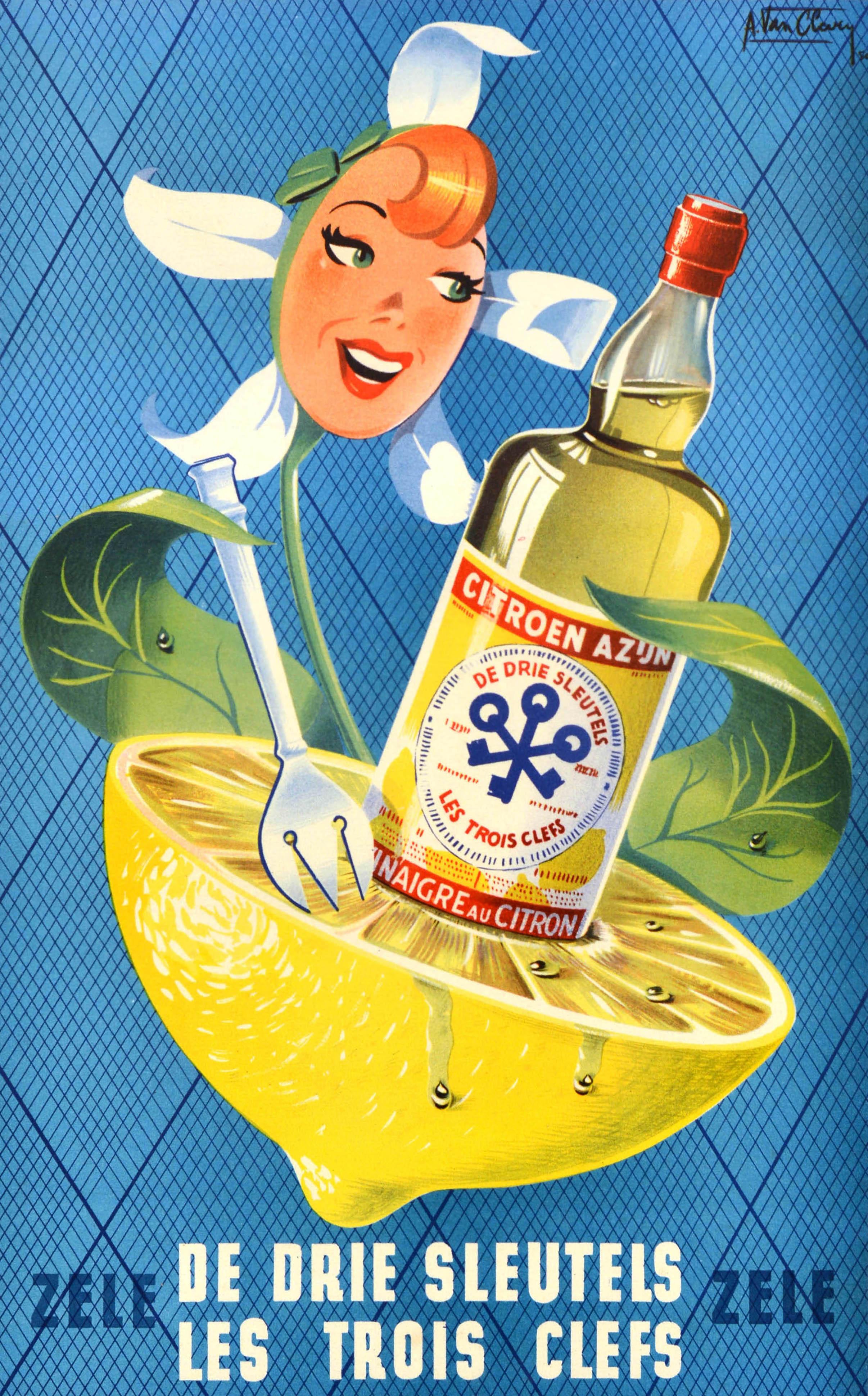 Original Vintage-Werbeplakat für Zele De Drie Sleutels Les Trois Clefs / Three Keys Zitronenessig mit einer Illustration einer Blume als Blütenblätter um das Gesicht einer lächelnden Dame mit Blättern als ihre Hände, die eine Gabel in einer Zitrone