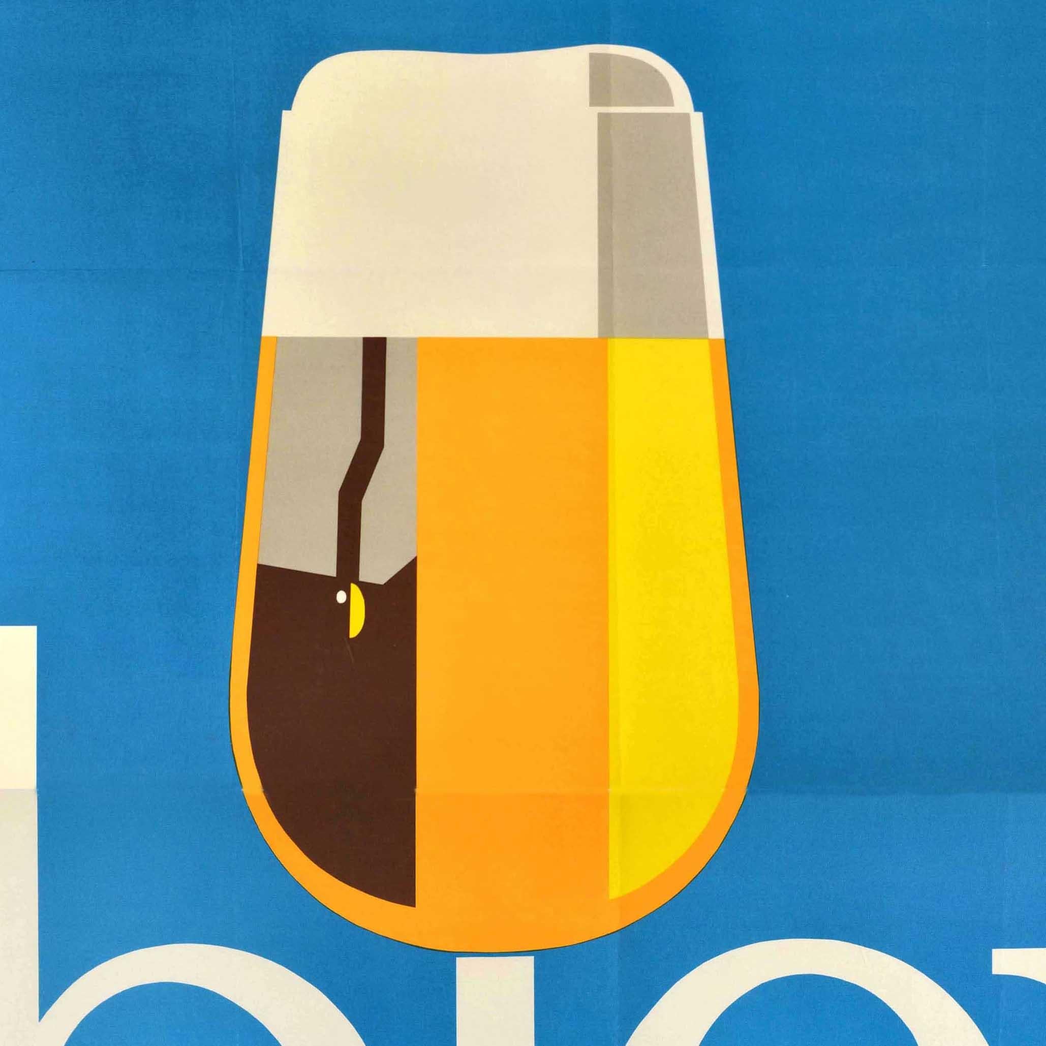 Original vintage advertising poster - Mass halten bier trinken / Drink beer moderately - featuring an image of a beer glass on the i of bier set against a blue background. Large size. Good condition, folds, creasing, ink stamp on reverse, 2 sheet