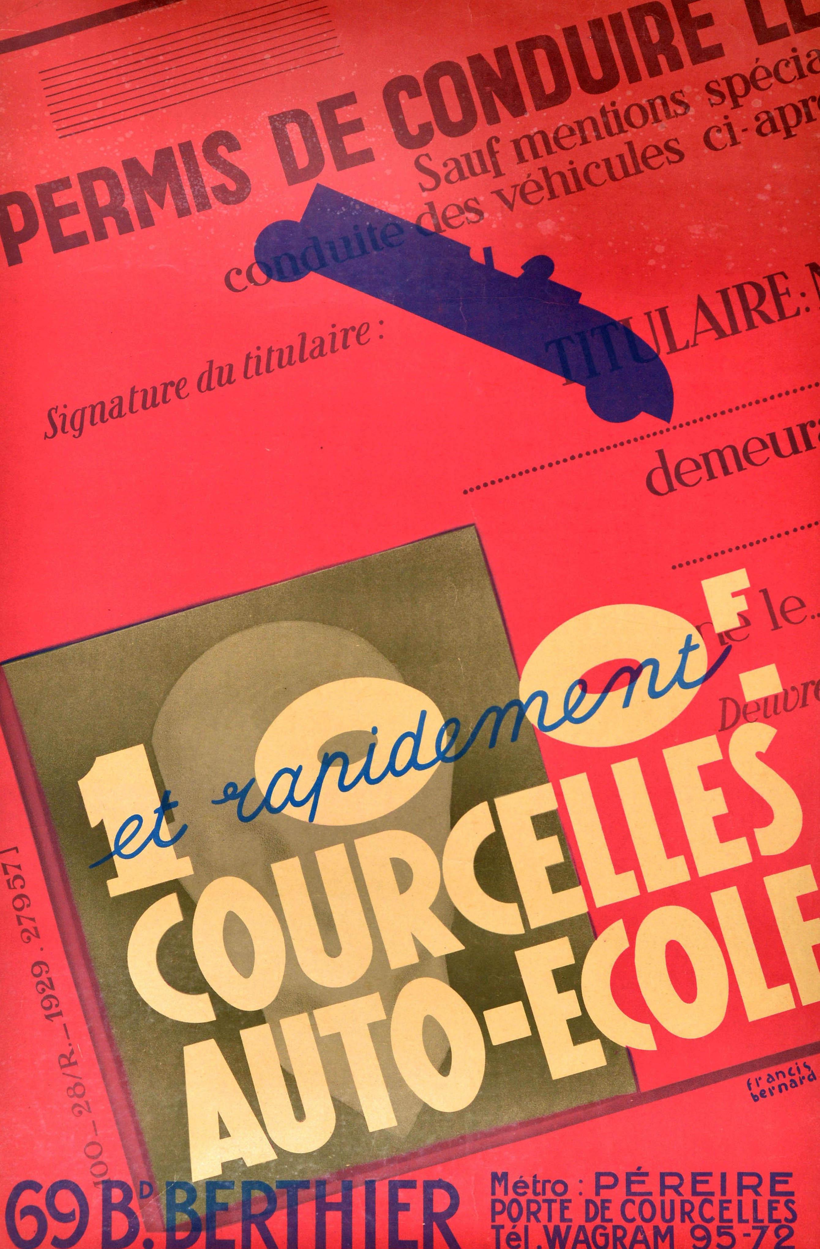 Original vintage advertising poster - Permis de Conduire 100F Courcelles Auto Ecole 69 Boulevard Berthier / Driving licence 100 Francs Courcelles Driving School - featuring an Art Deco design of a driver's license with a silhouette image of a driver