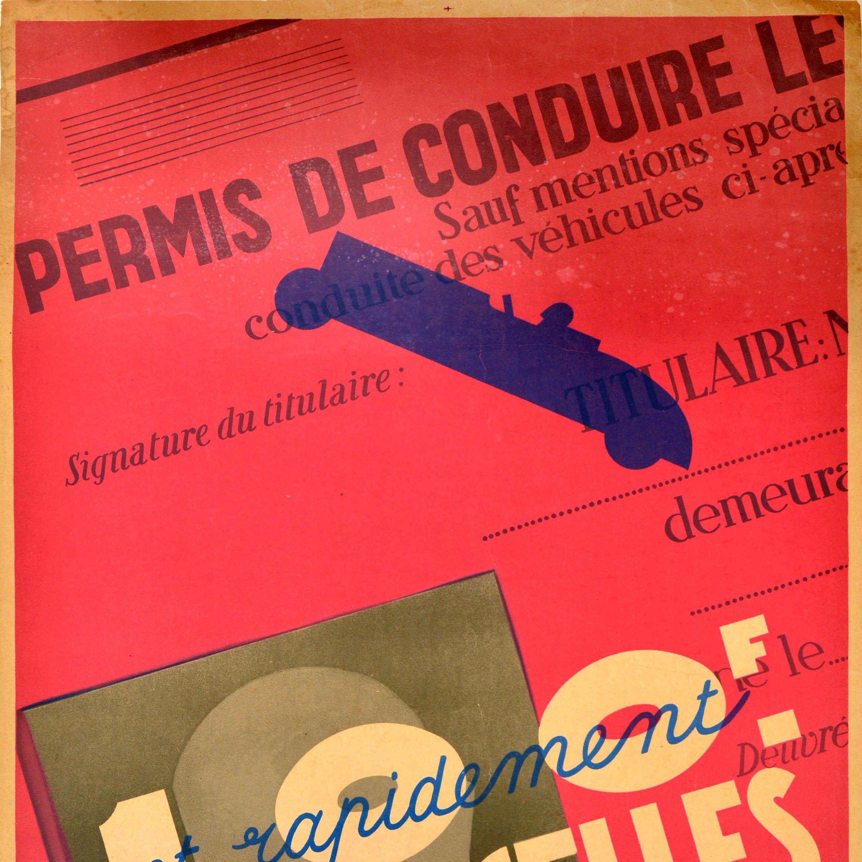 Art Deco Original Vintage Advertising Poster Driving School Courcelles Auto Ecole Design For Sale