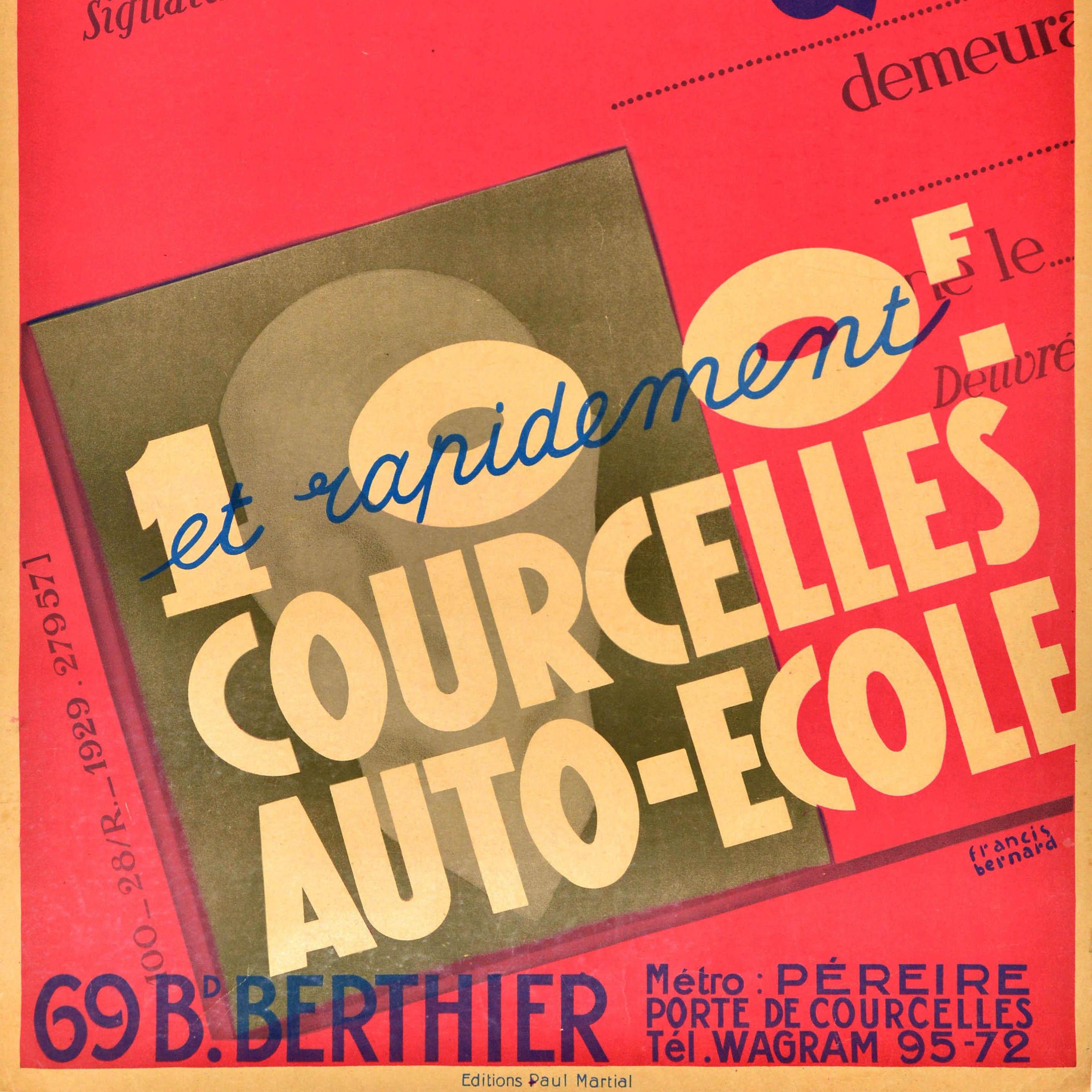 French Original Vintage Advertising Poster Driving School Courcelles Auto Ecole Design For Sale