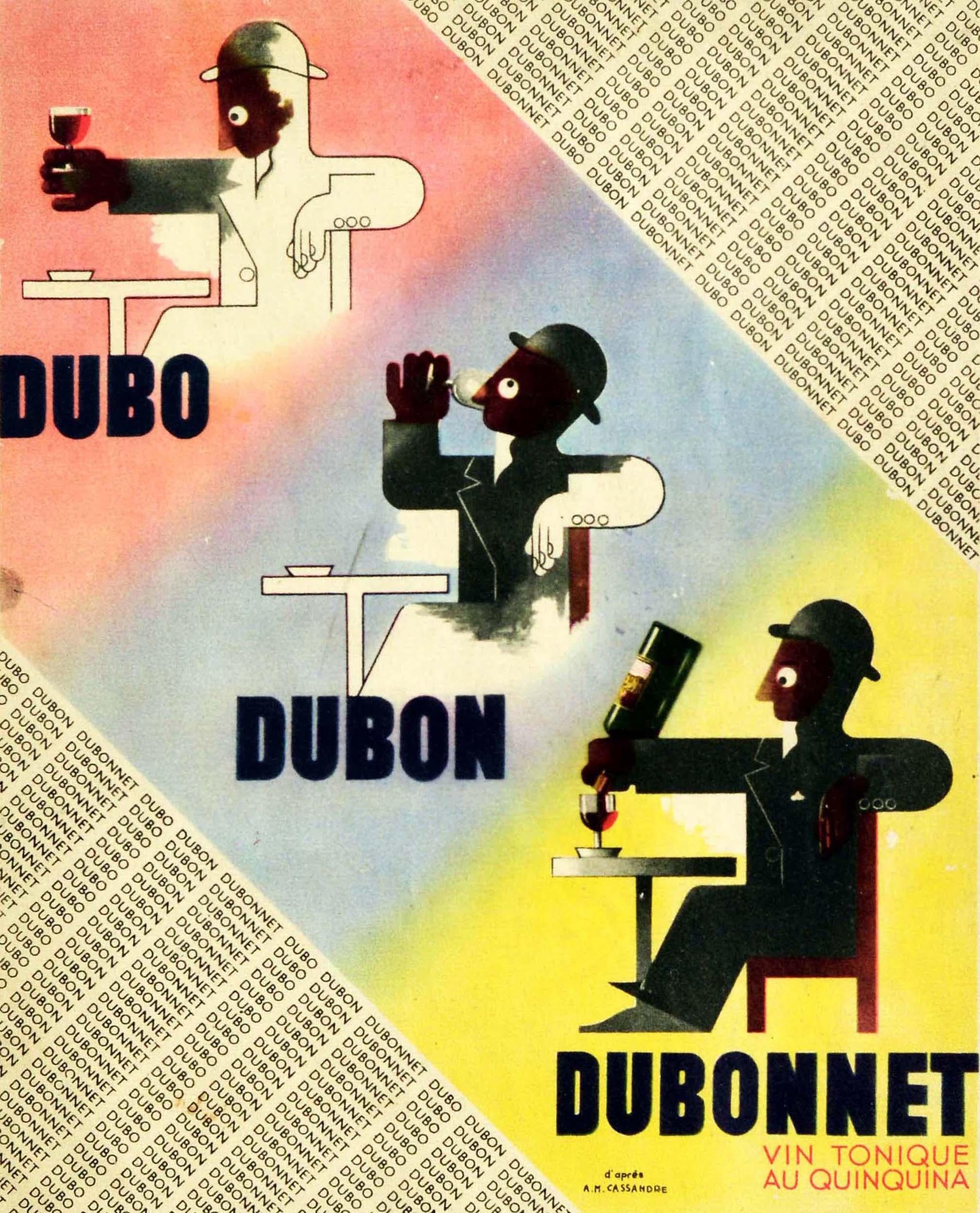 Original vintage alcohol drink advertising poster for the fortified wine based aperitif Dubonnet (since 1846) featuring an iconic illustration by the notable poster artist d'apres A.M. Cassandre (Adolphe Mouron Cassandre; 1901-1968) depicting a
