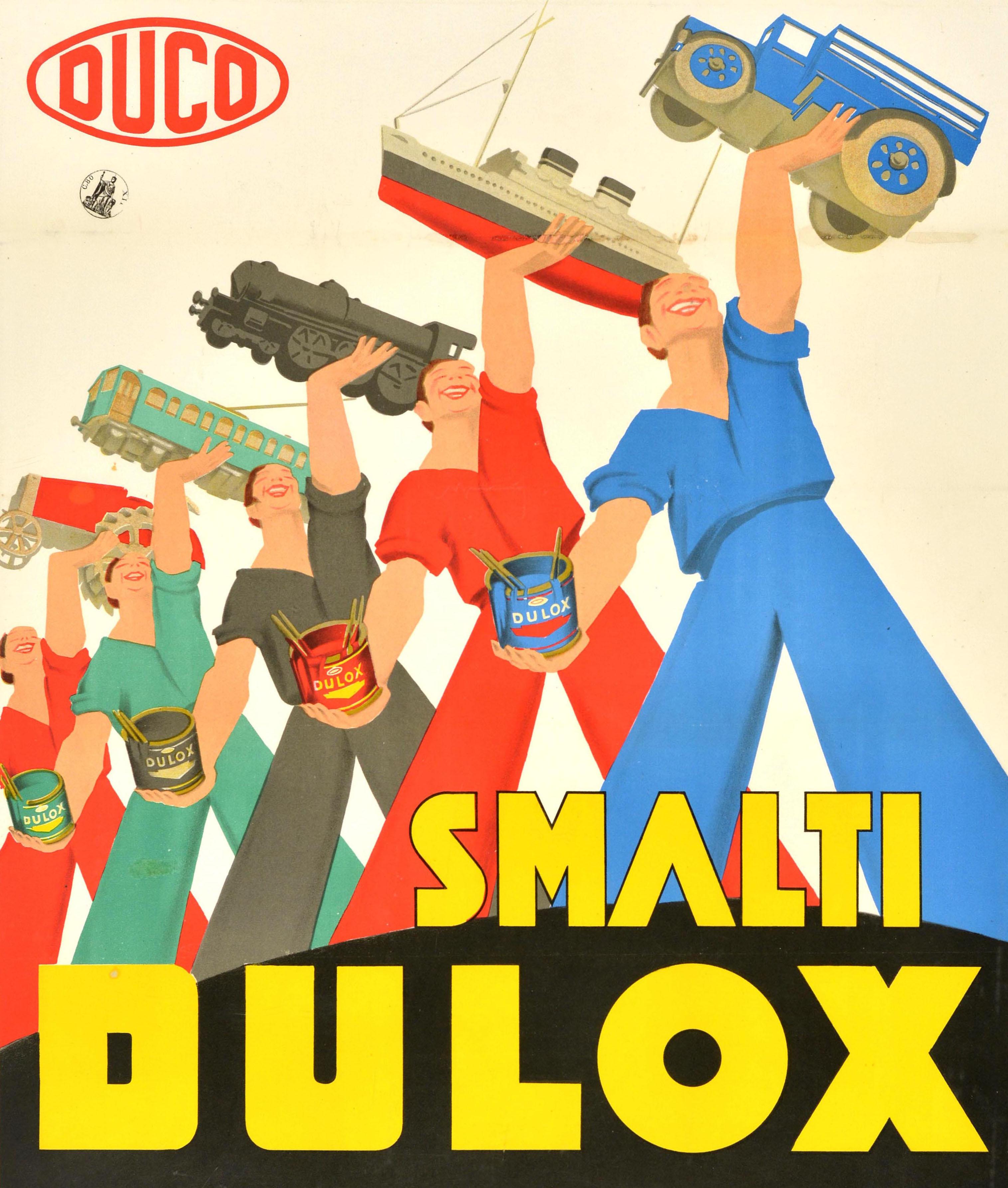 Original Vintage-Werbeplakat für Duco Dulox-Emailfarben - Prodotti insuperabili totalmente Italiani / Unübertroffene, total italienische Produkte - mit einer großartigen Illustration von lächelnden Arbeitern in blauen, roten, grauen und grünen