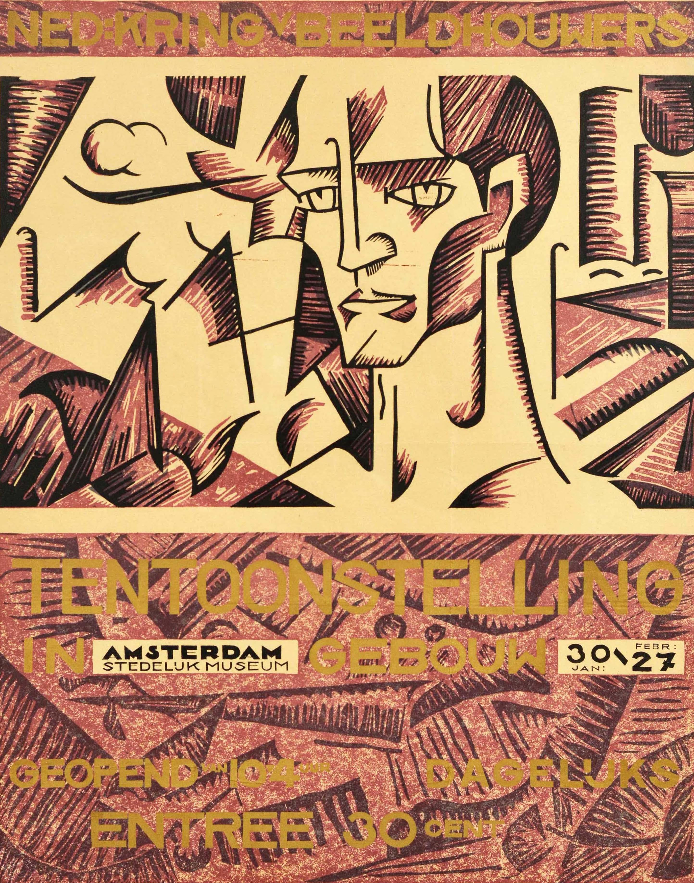 Affiche publicitaire vintage originale pour l'exposition du Cercle des sculpteurs néerlandais / Ned : Kring van Beeldhouwers Tentoonstelling au Stedelijk Museum d'Amsterdam qui s'est tenue du 30 janvier au 27 février. Grande illustration de