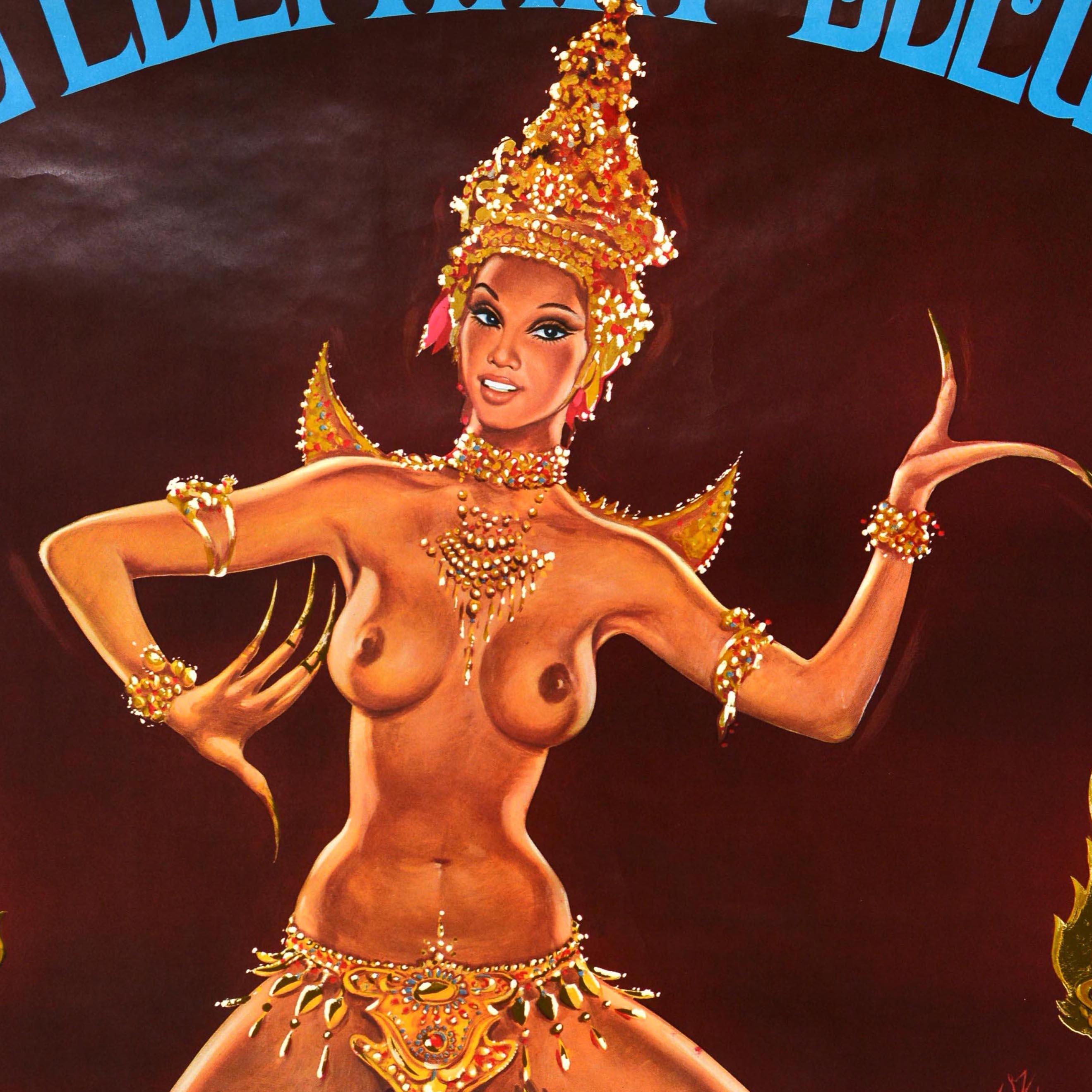 Original vintage poster advertising a Thai themed performance at the Blue Elephant / L'Elephant Bleu restaurant on the Champs Elysees in Paris produced by Jean-Claude Paulard and Thierry Delayen featuring pin-up style artwork by OKley (Pierre