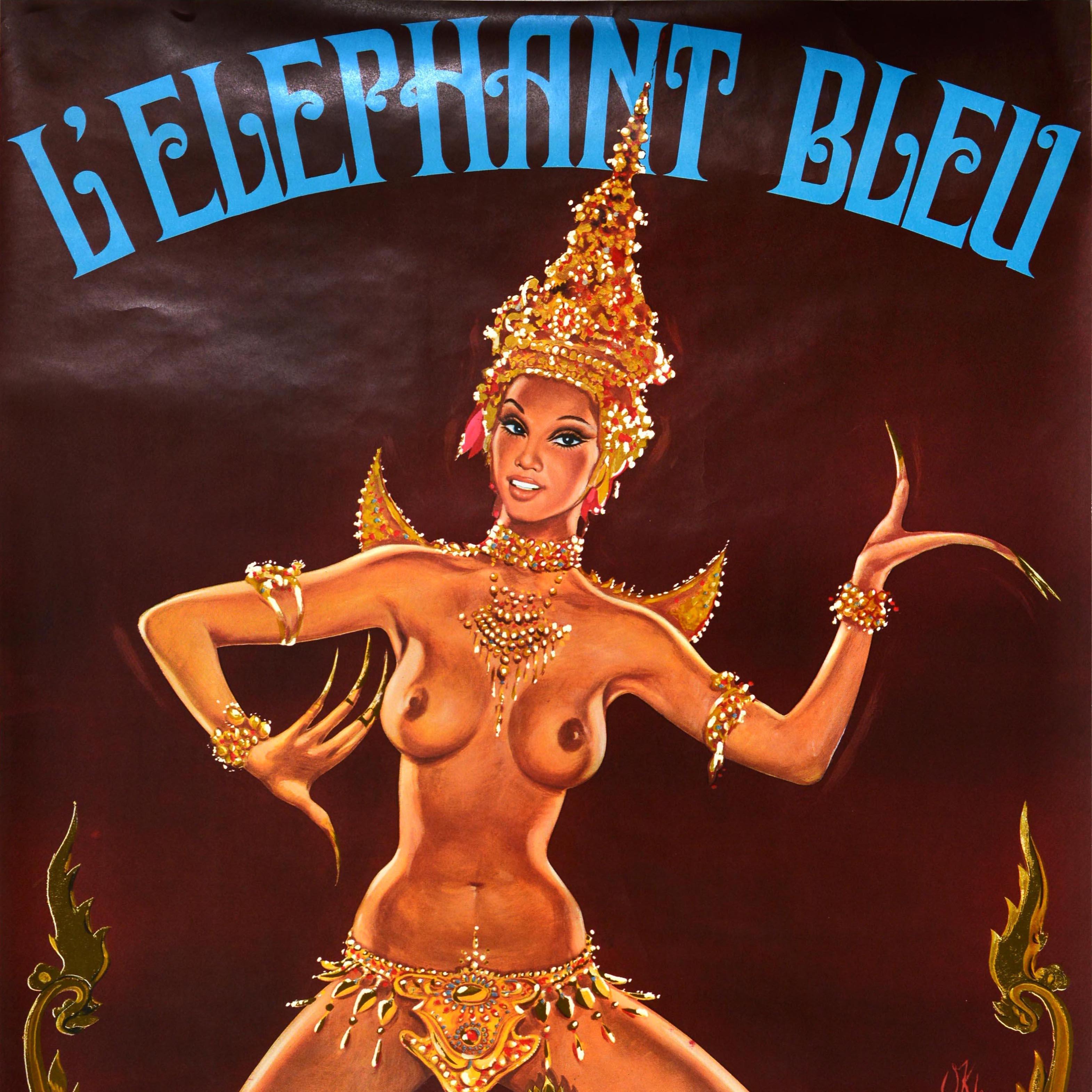French Original Vintage Advertising Poster Elephant Bleu Thai Show Dinner Okley Pin-Up For Sale