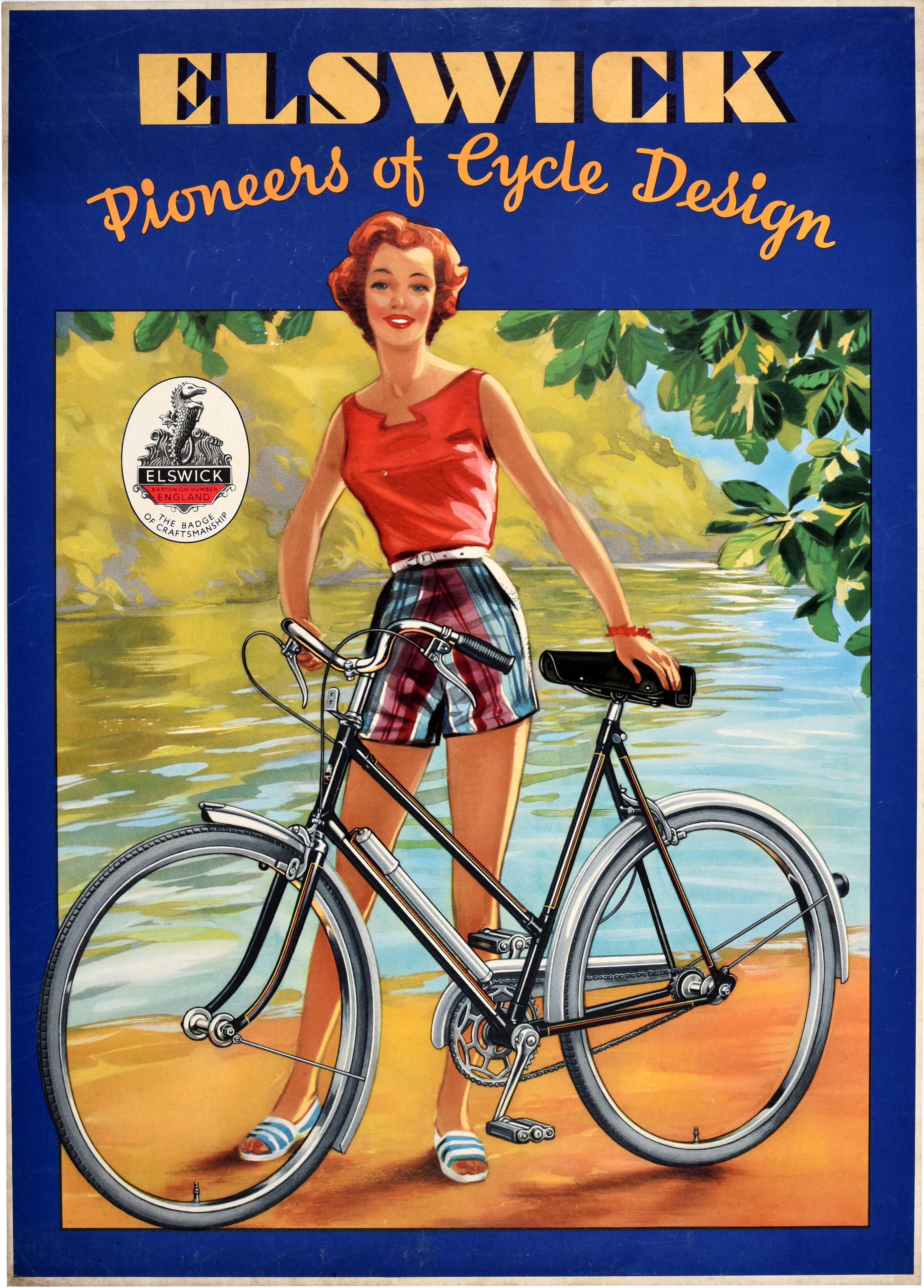 Poster pubblicitario originale d'epoca Elswick Pioneers Of Cycle Design Bicicletta