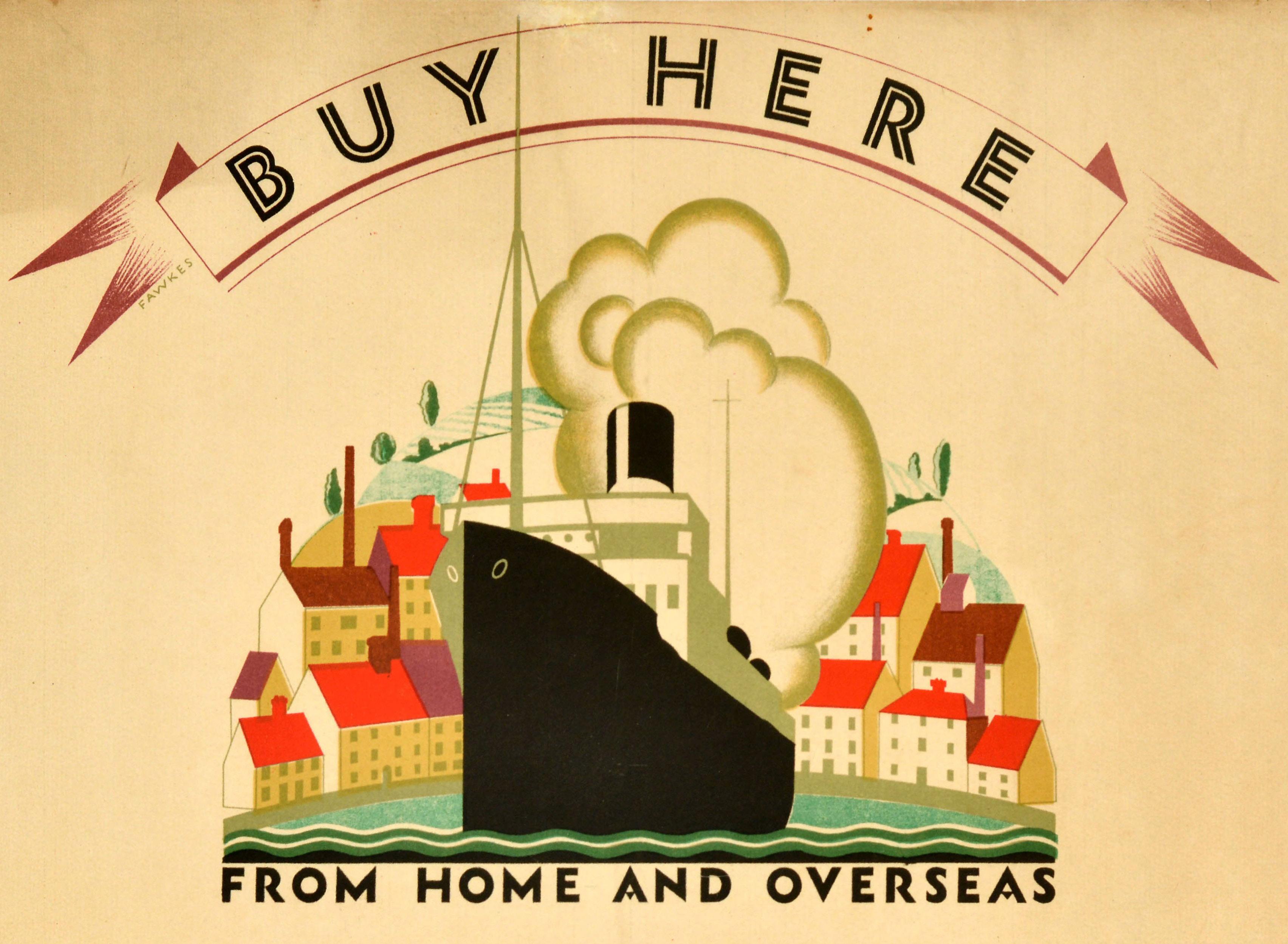 Poster pubblicitario originale d'epoca emesso dall'Empire Marketing Board per incoraggiare l'acquisto di prodotti britannici per aiutare l'economia in seguito alla Grande Depressione in America - Buy Here From Home and Overseas Empire Produce - con