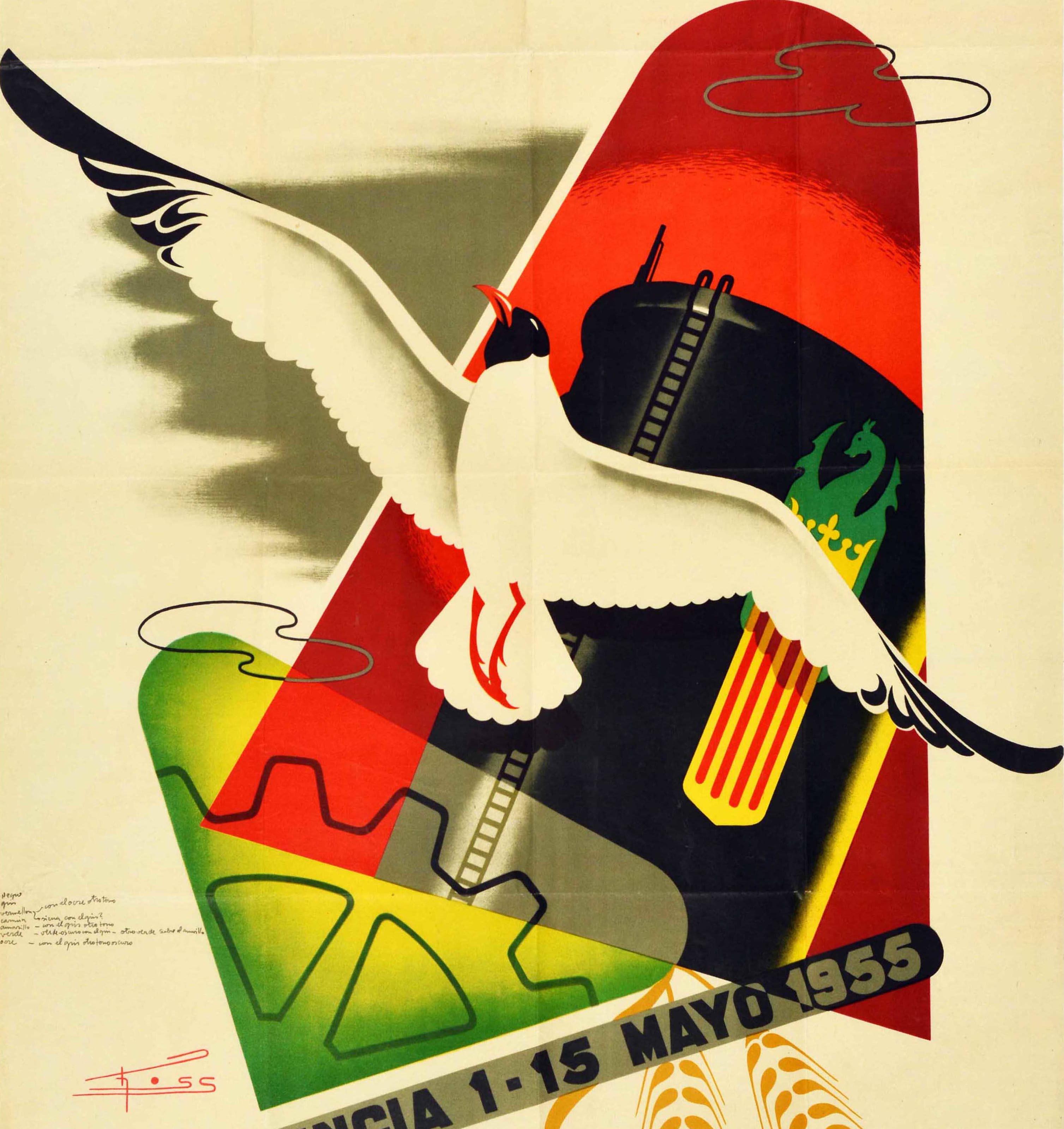 Cartel publicitario original de época para la XXXIII Feria Muestrario Internacional celebrada en Valencia del 1 al 15 de mayo de 1955 en el que aparece un elegante pájaro volando con las alas extendidas delante de una imagen de un engranaje