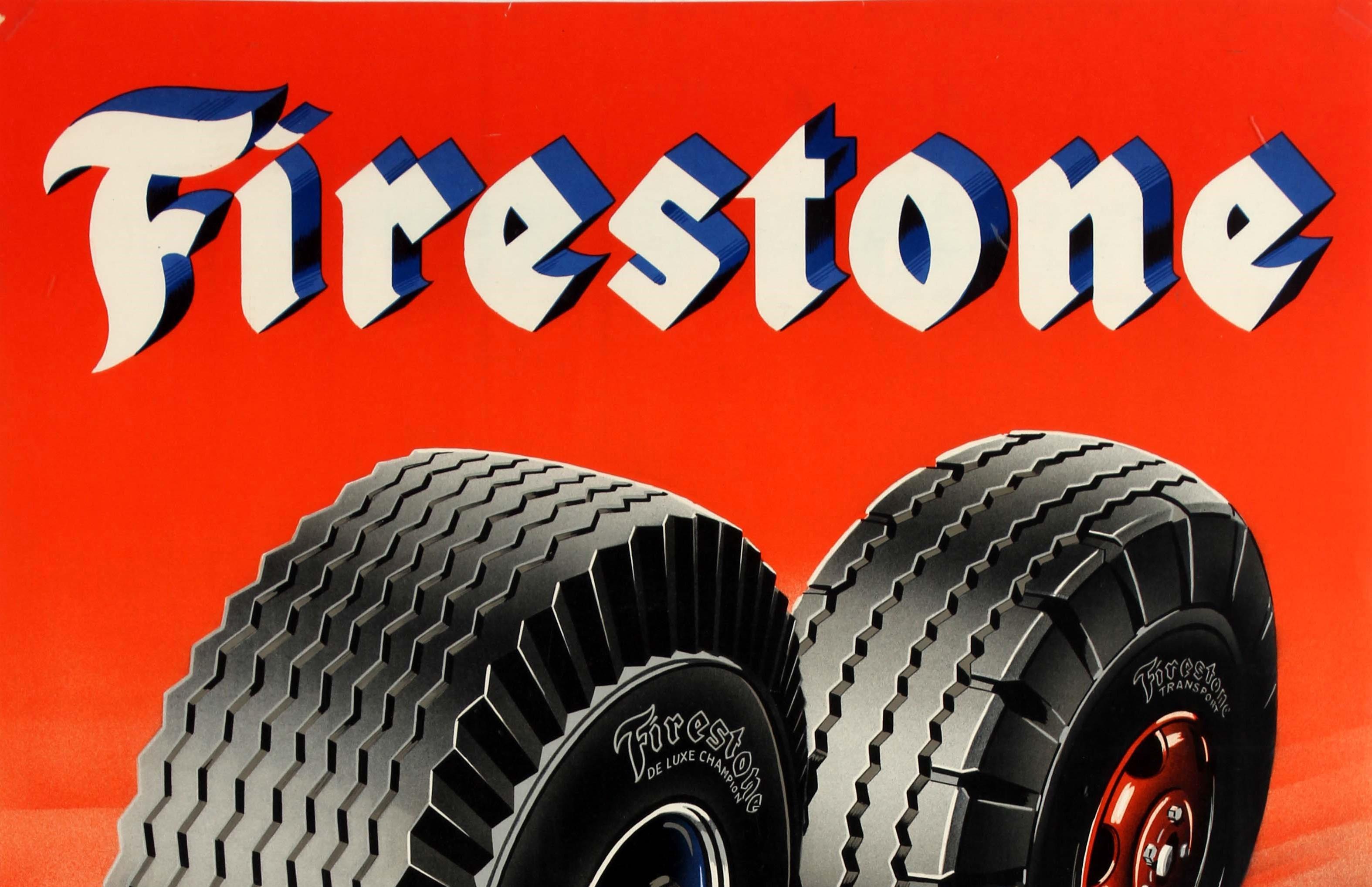 Original vintage advertising poster in Danish for the American tire company Firestone - Most kilometers per Krone. Great design by the illustrator Aage Lippert (1894-1969) depicting a blue car and red truck driving on a road at speed with larger