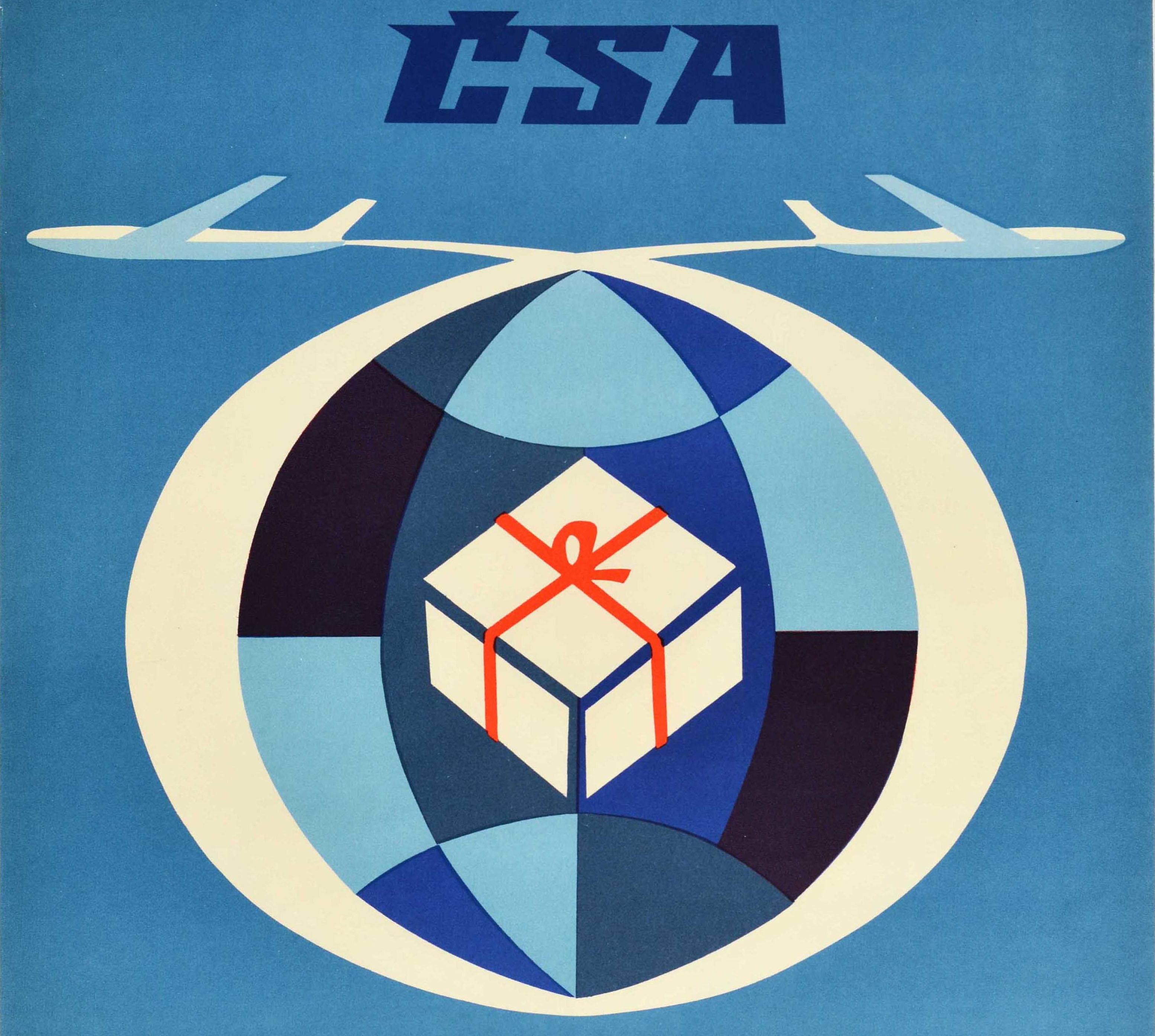 Original vintage poster advertising freight services with Czechoslovak Airlines / Ceskoslovenske Aerolinie - Fly your cargo by CSA Quick delivery Less packaging Satisfied customer - featuring a great mid-century graphic design of a parcel tied with