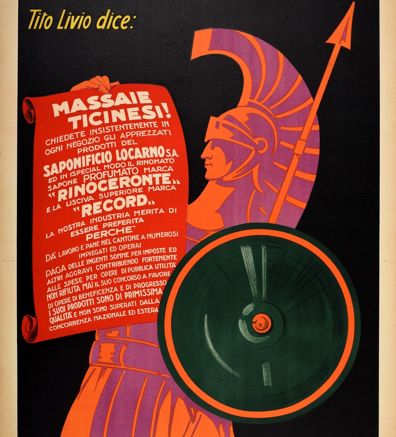 Suisse Affiche publicitaire vintage d'origine pour Saponificio Locarno, dessin de guerrier romain en vente