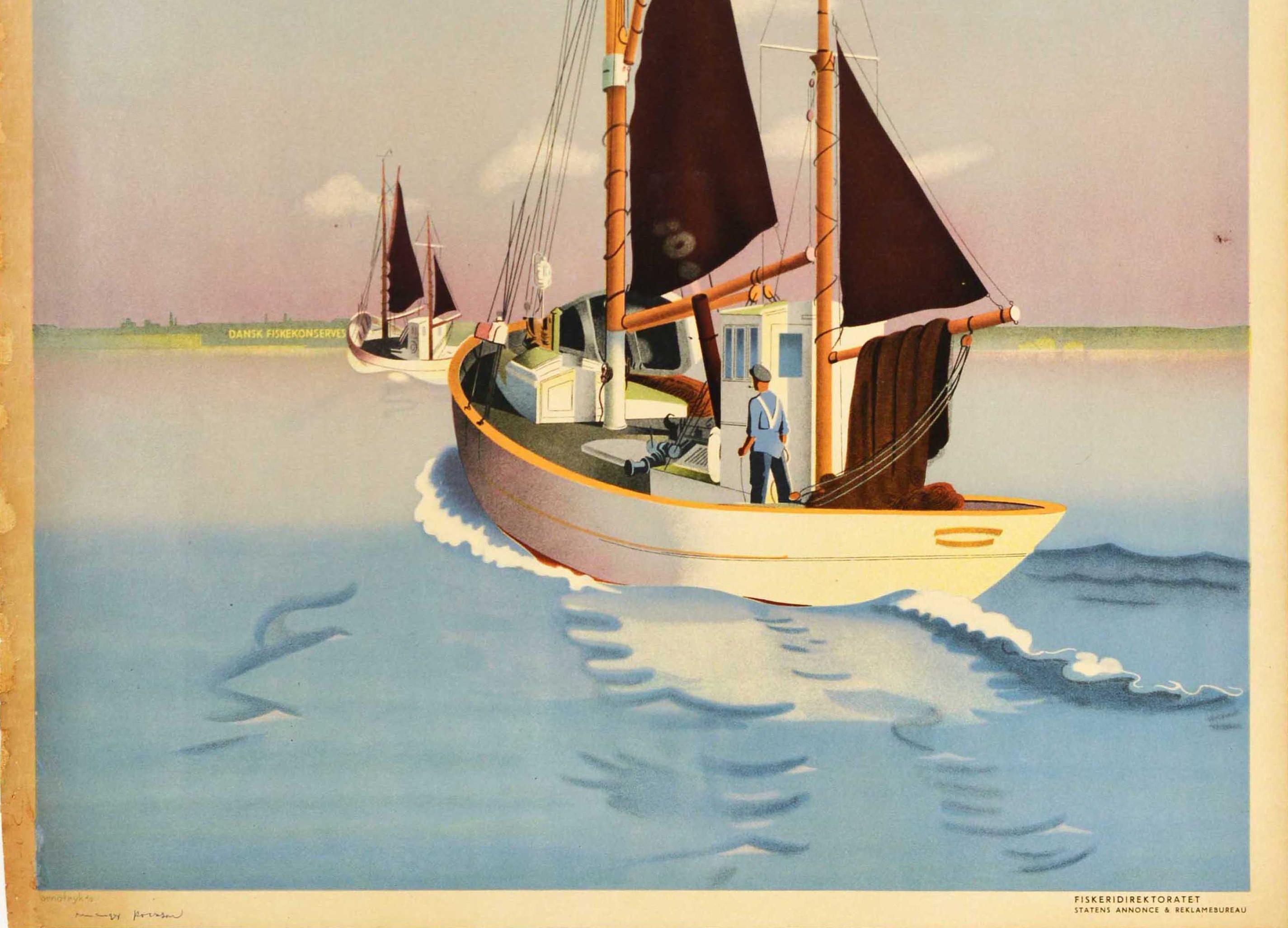 Danish Original Vintage Advertising Poster Friskfanget Fisk Fresh Fish Denmark Boat Art For Sale