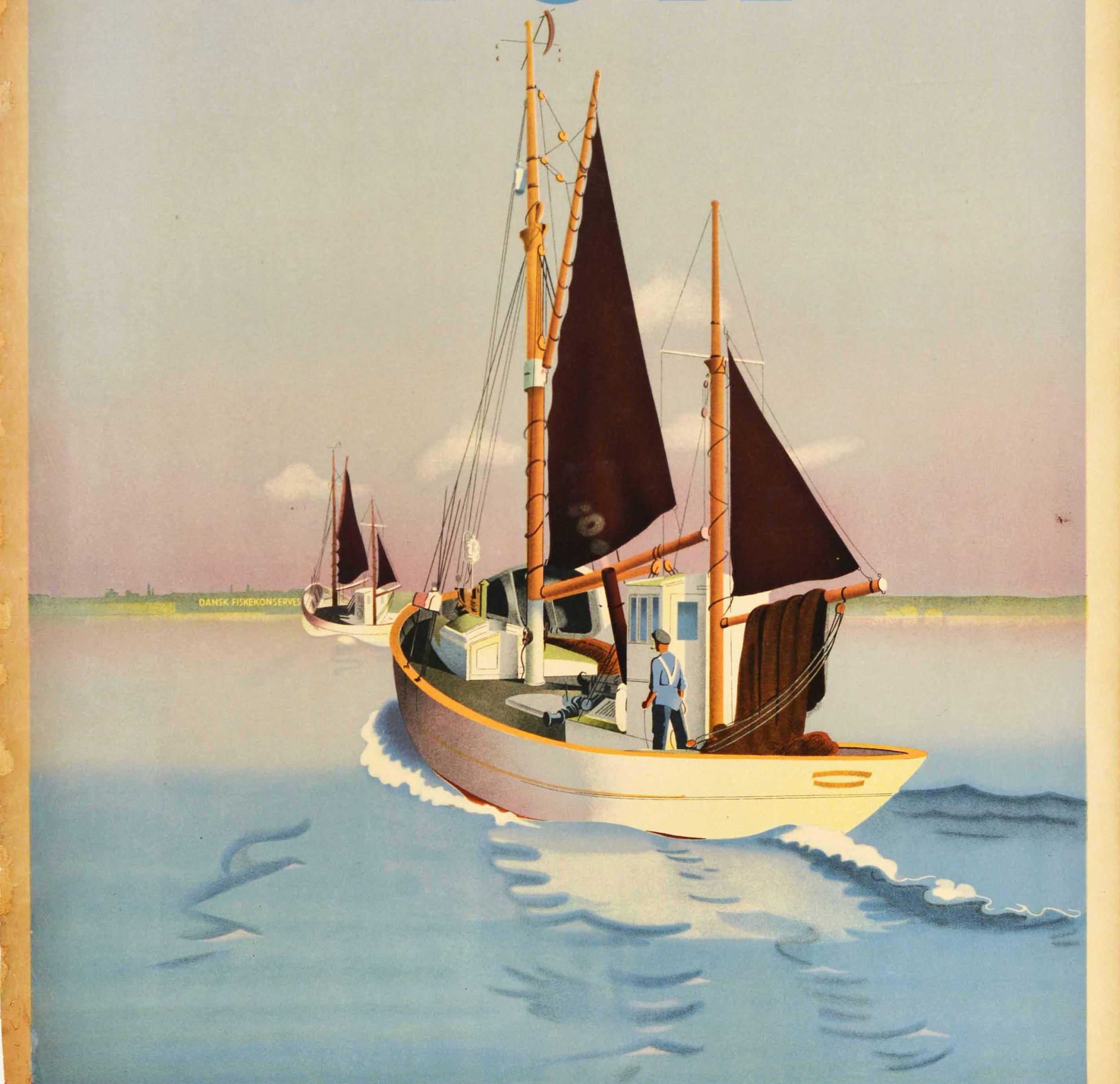 Original Vintage-Werbeplakat Friskfanget Fisk Süßer Fisch Dänemark Boot Kunst (Dänisch) im Angebot