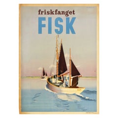 Original Vintage Advertising Poster Friskfanget Fisk Fresh Fish Denmark Boat Art