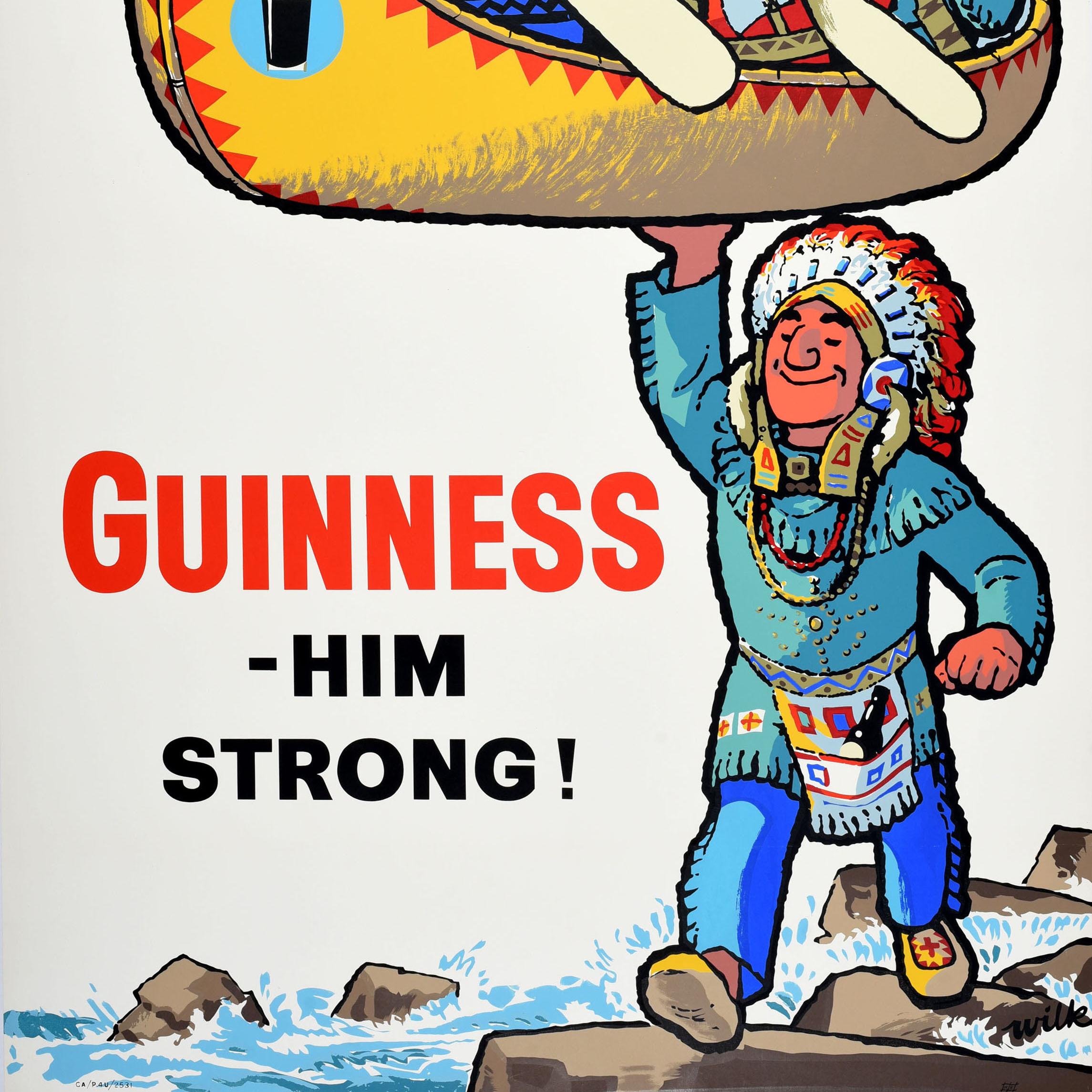 Original Vintage Advertising Poster Guinness Him Strong Native American Canoe In Good Condition For Sale In London, GB