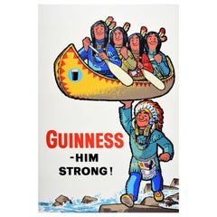 Original-Vintage-Werbeplakat Guinness Him Strong Native American Canoe