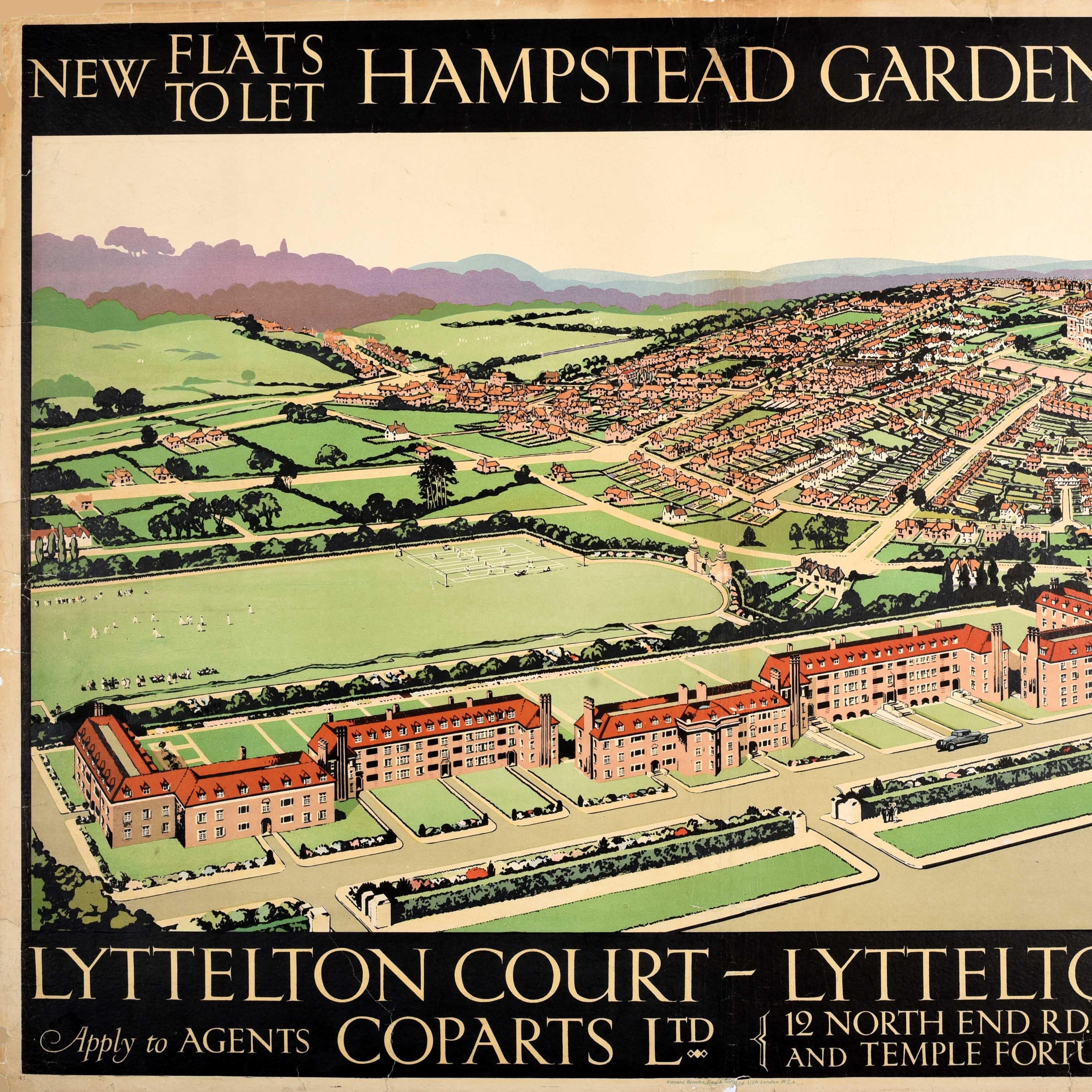 Art déco Affiche publicitaire d'origine Hampstead Gardens Lyttleton Court, Londres en vente