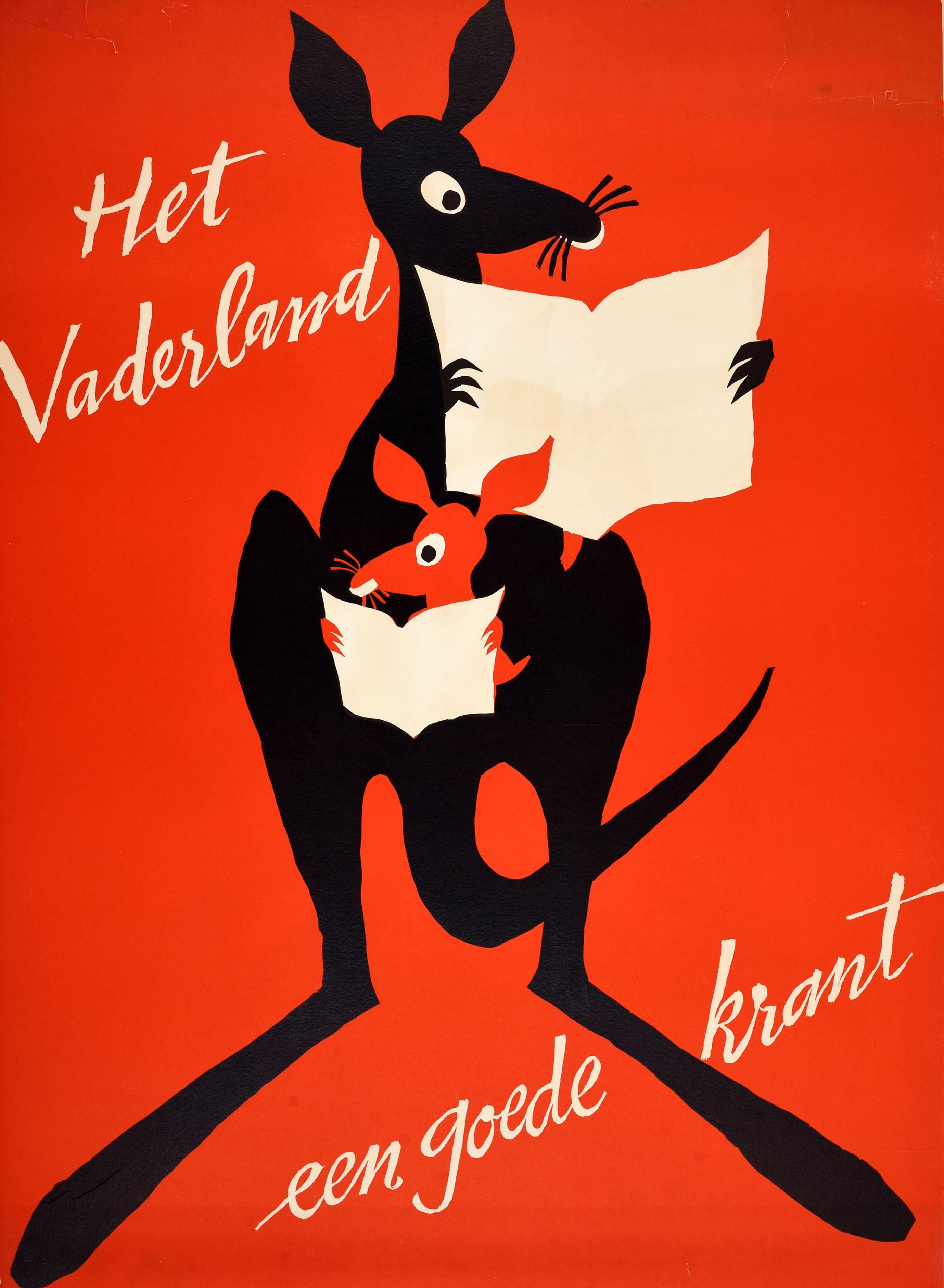 Original vintage advertising poster for Het Vaderland een goede krant / The Fatherland A Good Newspaper featuring a fun design depicting a kangaroo with a joey in its pouch, both reading the newspaper against a red background with handwriting style