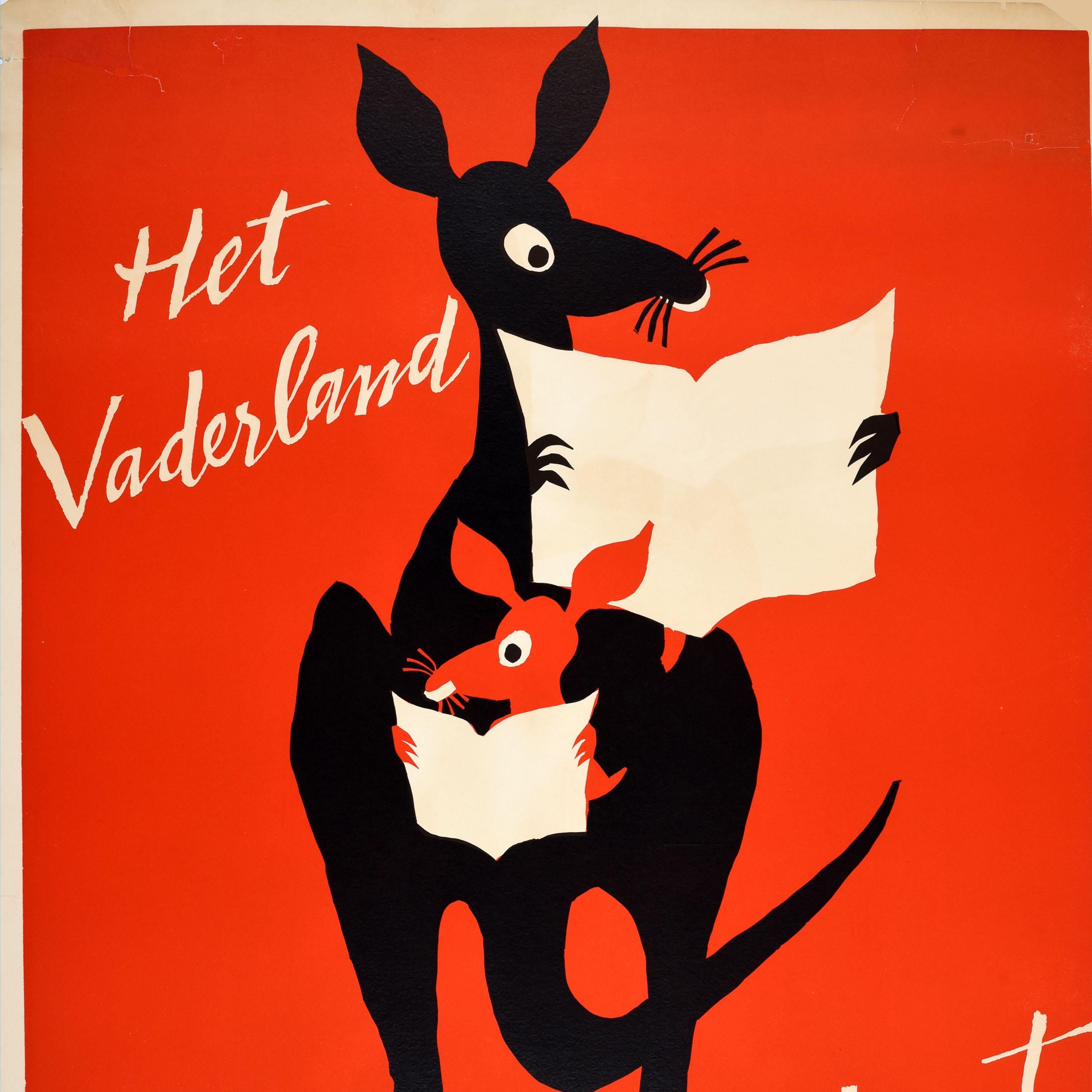Dutch Original Vintage Advertising Poster Het Vaderland Newspaper Reading Kangaroo For Sale