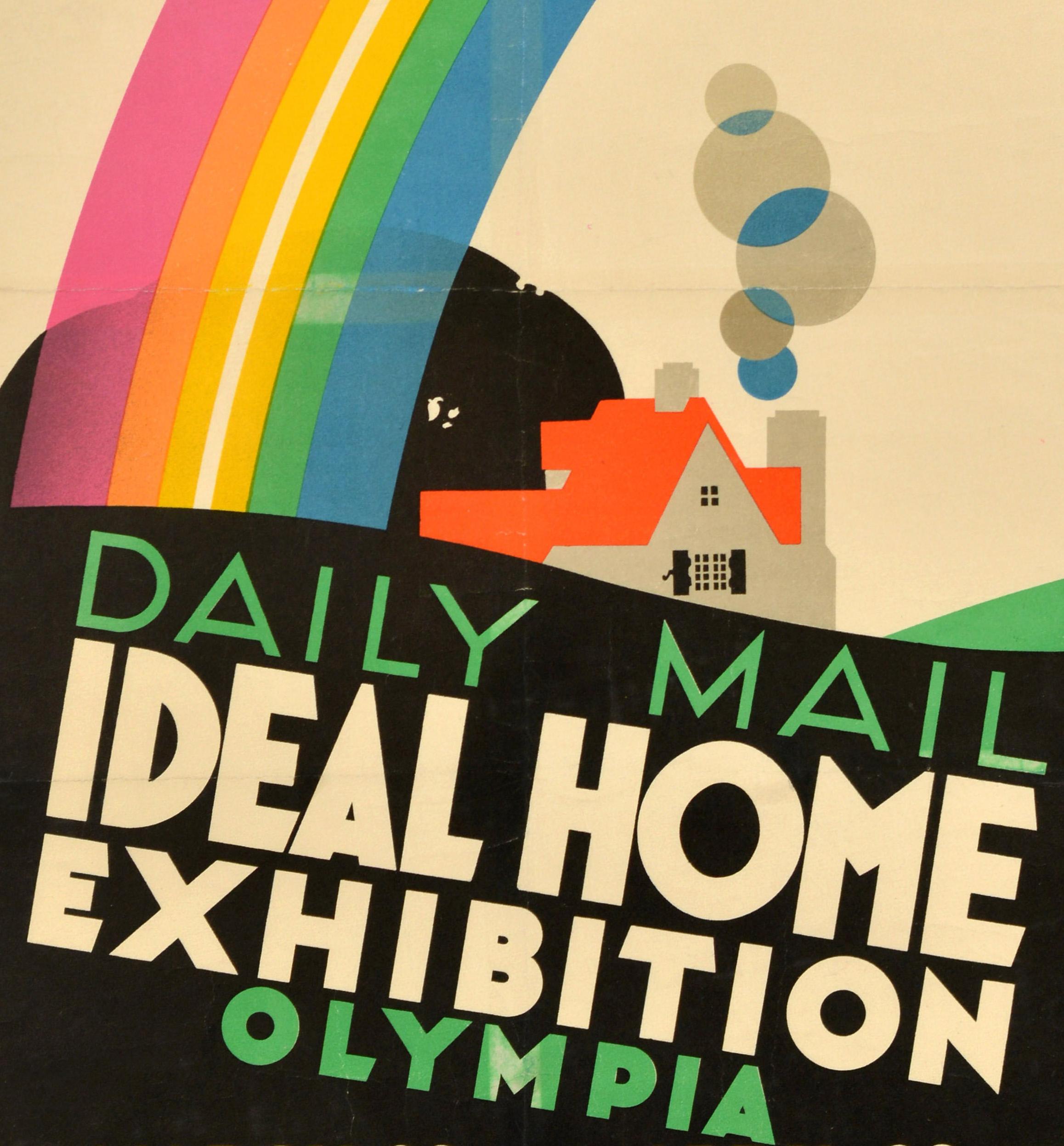 Original Vintage-Werbeplakat für die Daily Mail Ideal Home Exhibition Olympia, die vom 19. März bis zum 29. April stattfand - We Are Exhibiting - mit einer farbenfrohen Illustration des bekannten britischen Plakatkünstlers Frank Newbould