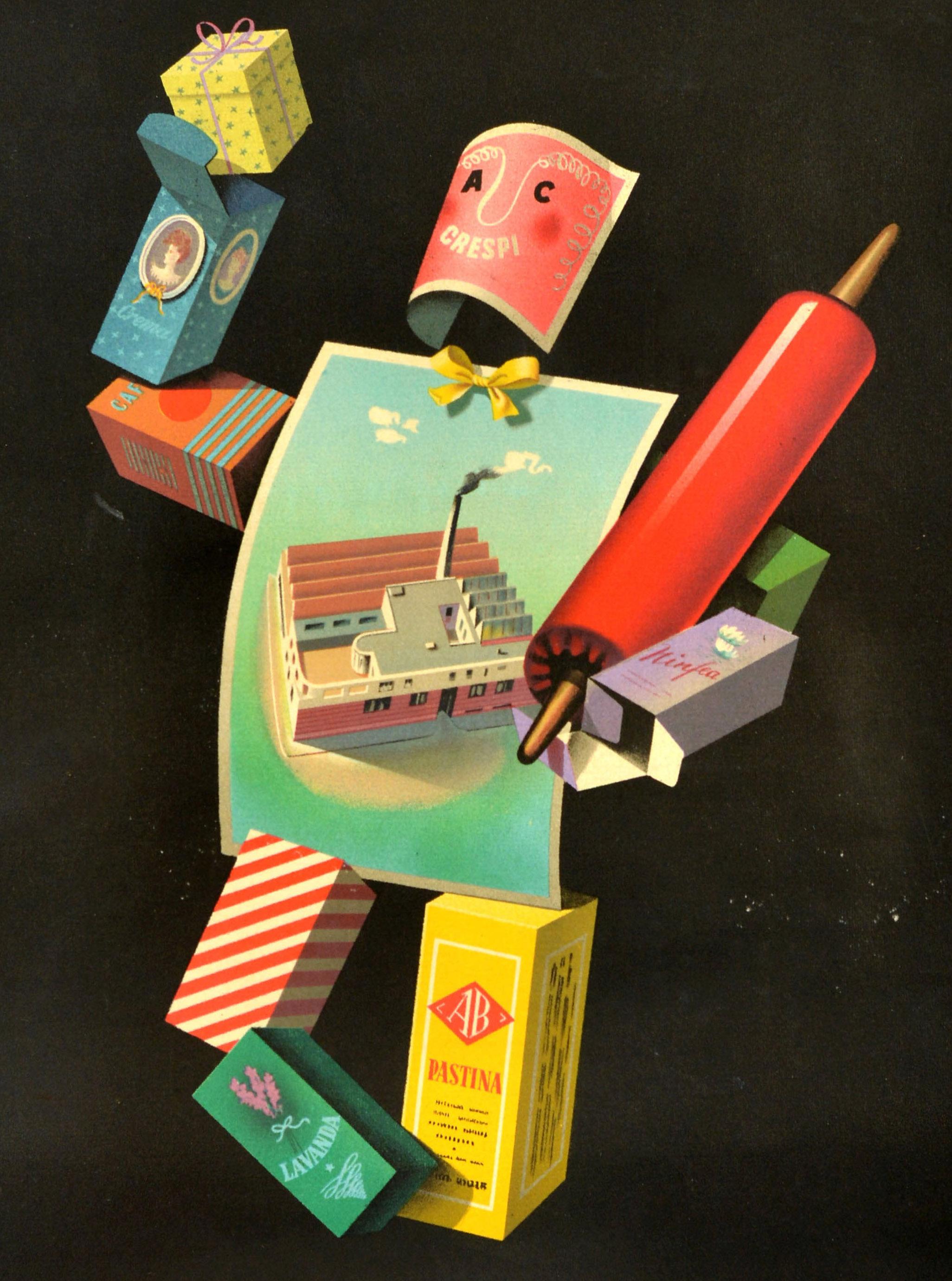 Original vintage advertising poster - per la confezione fine Industrie Grafiche Crespi Vigevano Telef. 3272 / Graphic Industries for fine packaging - featuring an image of a man made out of various packing boxes holding a gift box with a ribbon on