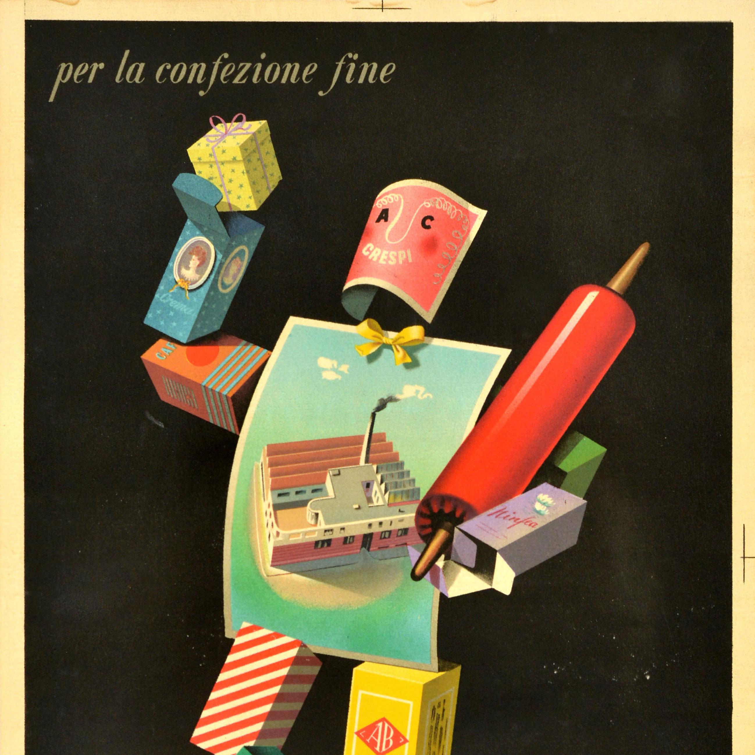 italien Affiche publicitaire originale vintage Industrie Grafiche Crespi, Emballage, Italie en vente