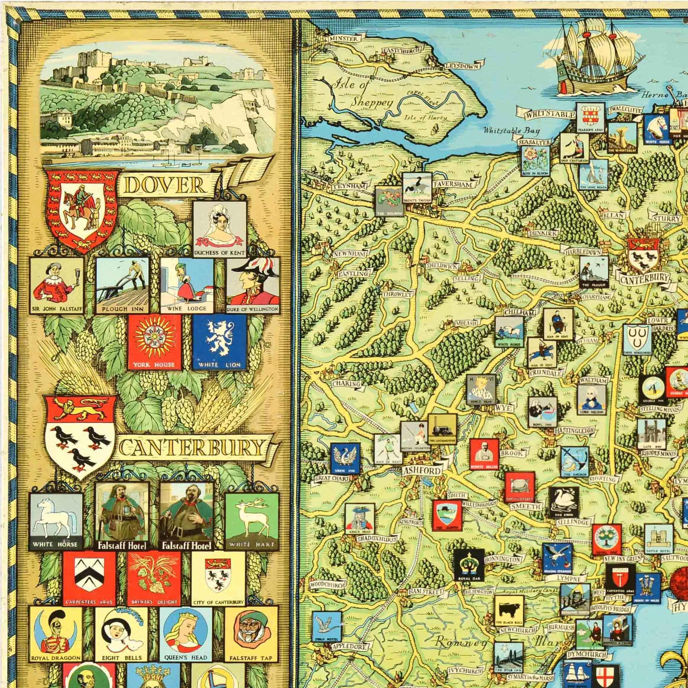 Originale poster pubblicitario d'epoca progettato come mappa di viaggio illustrata del Kent, nel sud-est dell'Inghilterra: Inn-Signia Of Whitbread Houses In East Kent, la mappa ideata e disegnata da David William Burley (1901-1990), per mostrare la