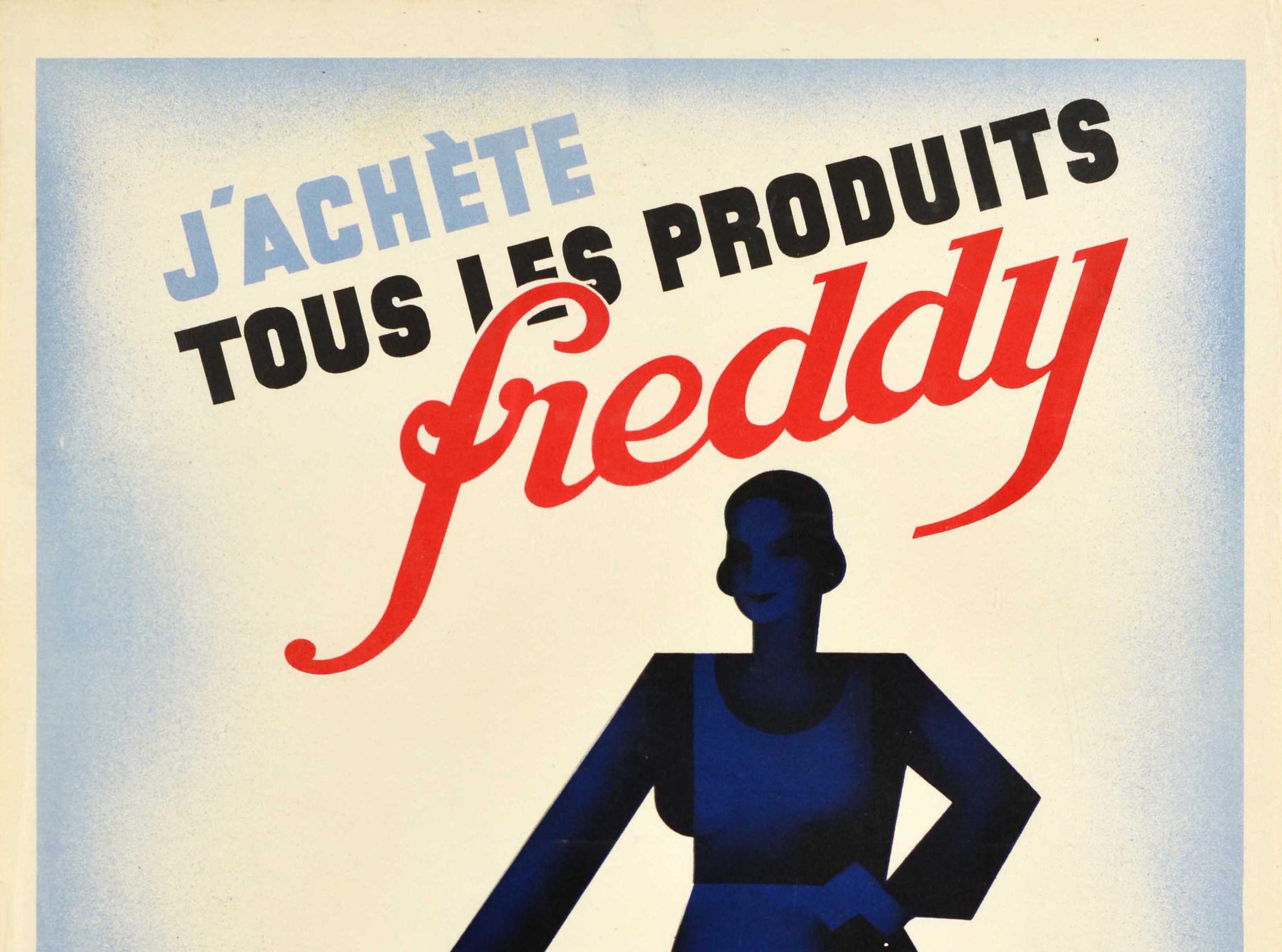 Original vintage Werbeplakat - Ich kaufe alle Freddy Produkte Das Beste das Billigste / J'Achete tous les produits Freddy. Les meilleurs, les moins chers - mit einem großartigen Design, das die Silhouette einer Dame in Schürze zeigt, die auf ihren