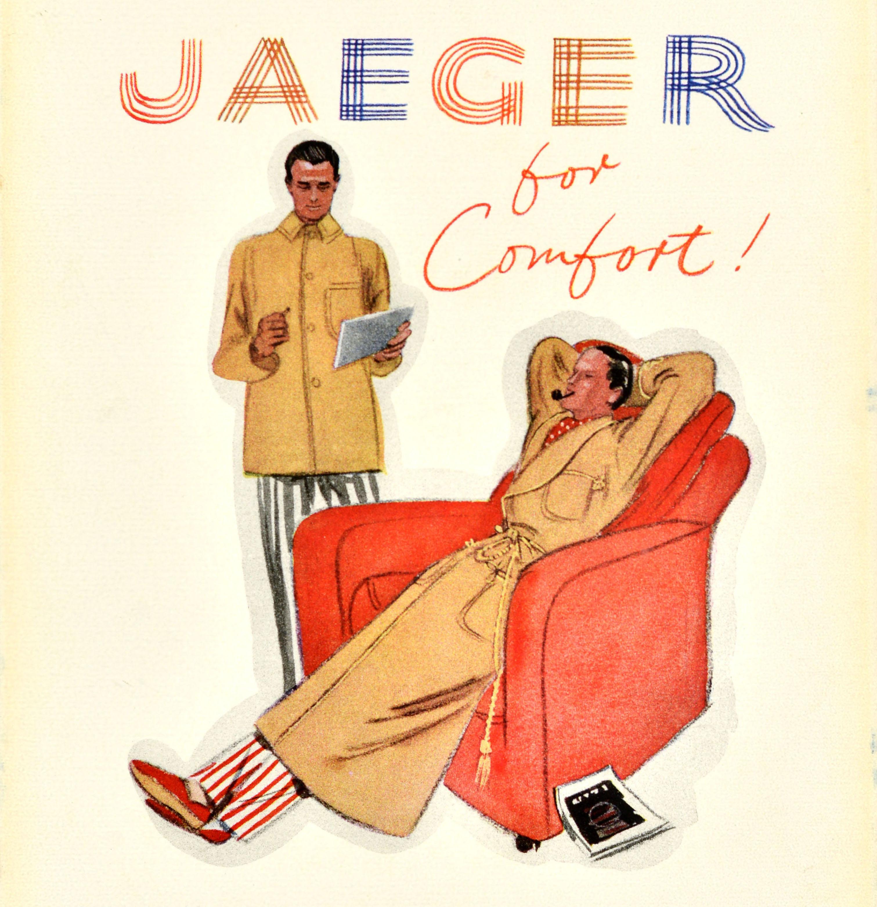 Poster pubblicitario d'epoca originale - Jaeger for Comfort - con una grande illustrazione che mostra due gentiluomini che si rilassano e fumano in tenuta da salotto, uno con pantaloni a righe bianche e rosse, pantofole rosse e una cravatta a pois