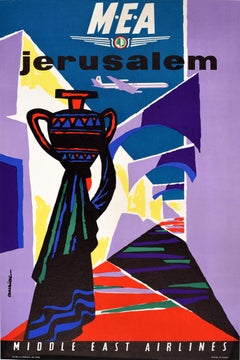 Original Vintage Advertising Poster Jerusalem MEA Middle East Airlines Auriac