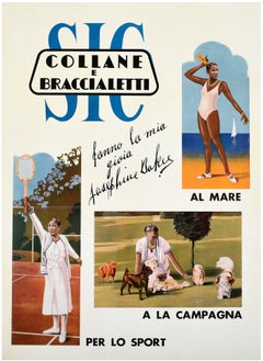 Affiche publicitaire vintage originale : Joséphine Baker, bijoux, tennis, Italie