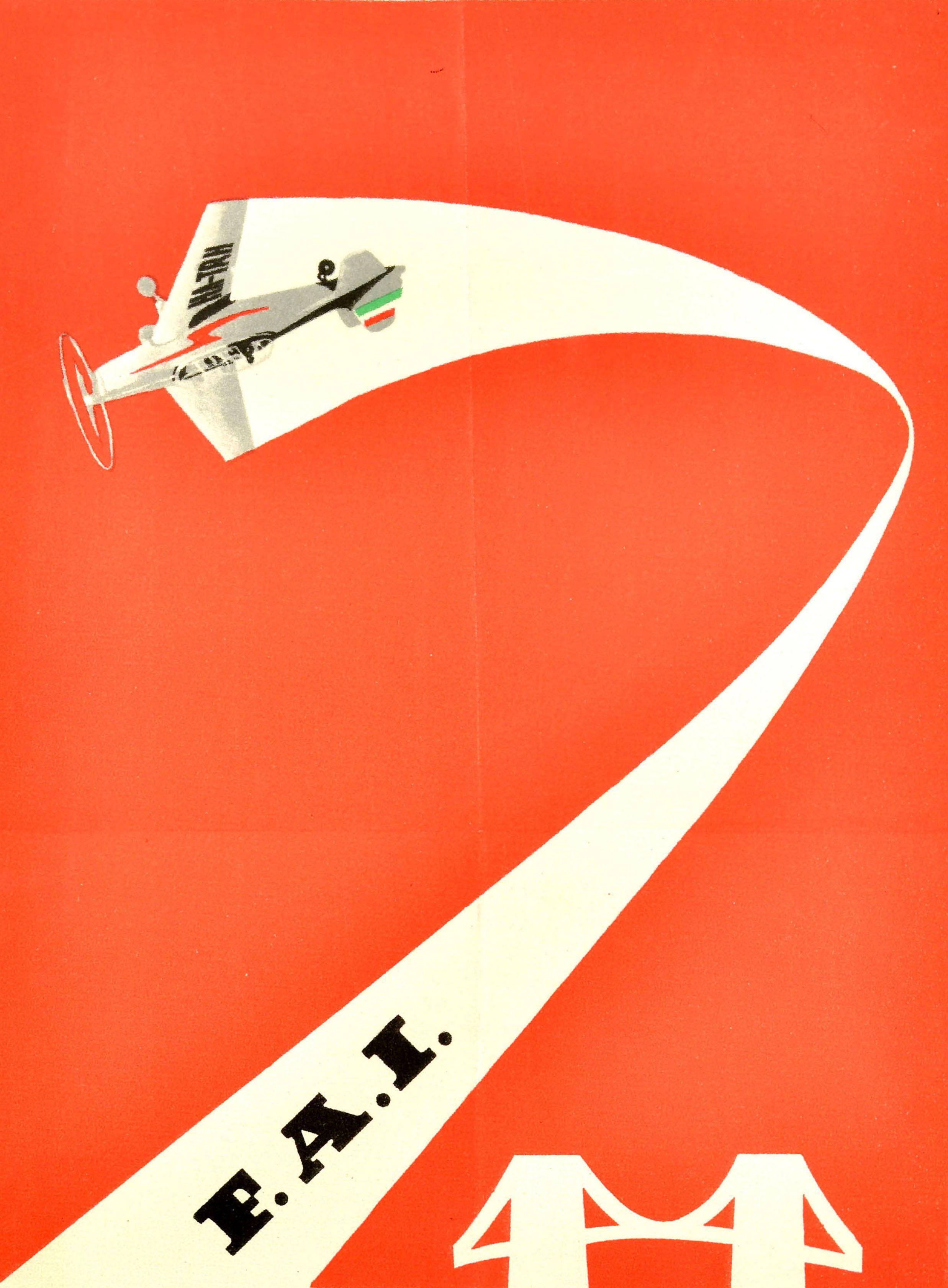 Original vintage advertising poster for the Kecskemet International Air Show / FAI Nemzetkozi Repulonap a Ferihegyi Repuloteren on 29 July 1962 featuring a colourful graphic design depicting a propeller plane flying in a curve above a bridge on a