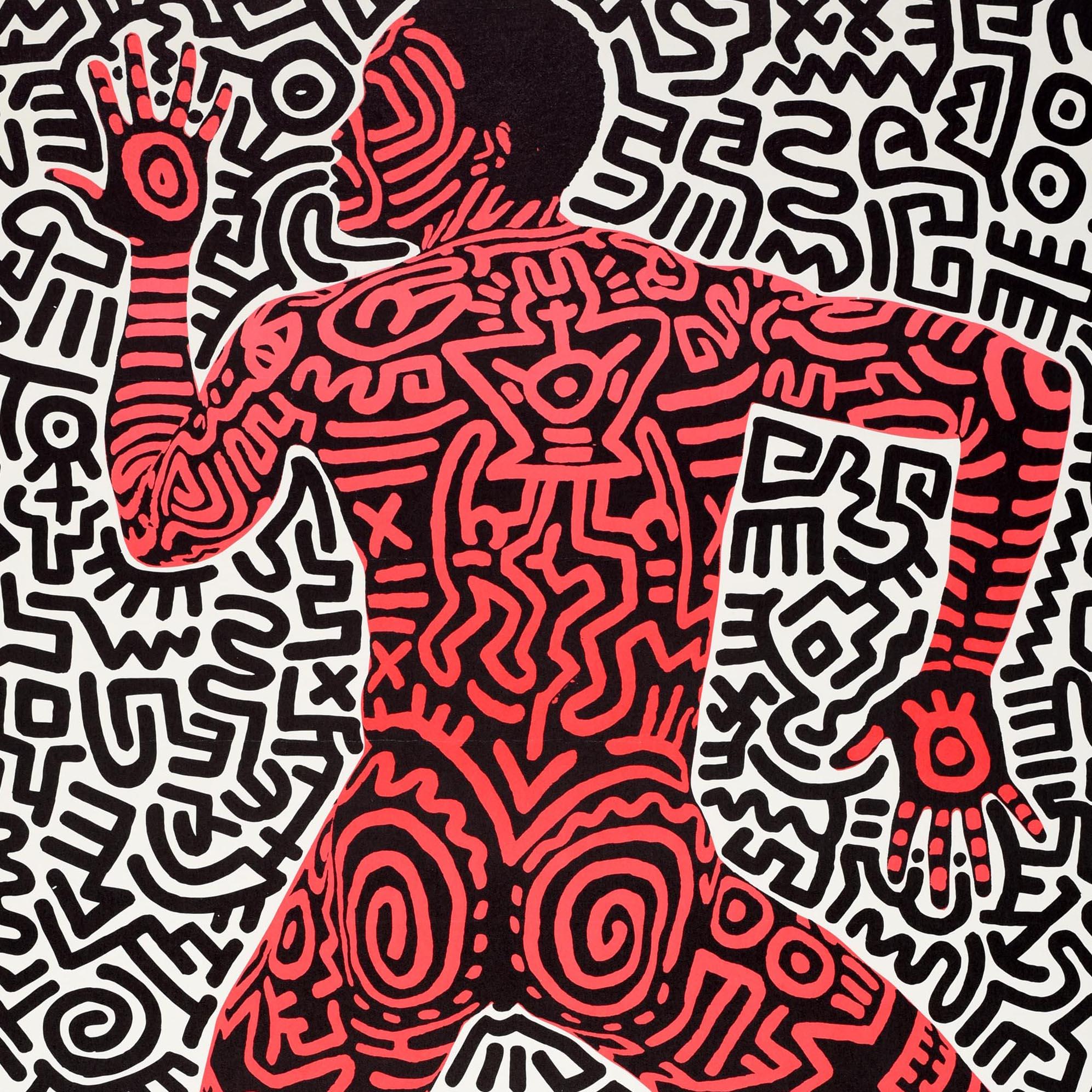 Original vintage advertising poster for a Keith Haring exhibition - Into 84 - held at the Tony Shafrazi Gallery in New York City from 3 December to 7 January. Great design by the American artist and social activist Keith Haring (1958-1990) featuring