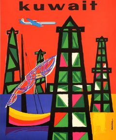 Original Vintage Advertising Poster Kuwait MEA Middle East Airlines Auriac
