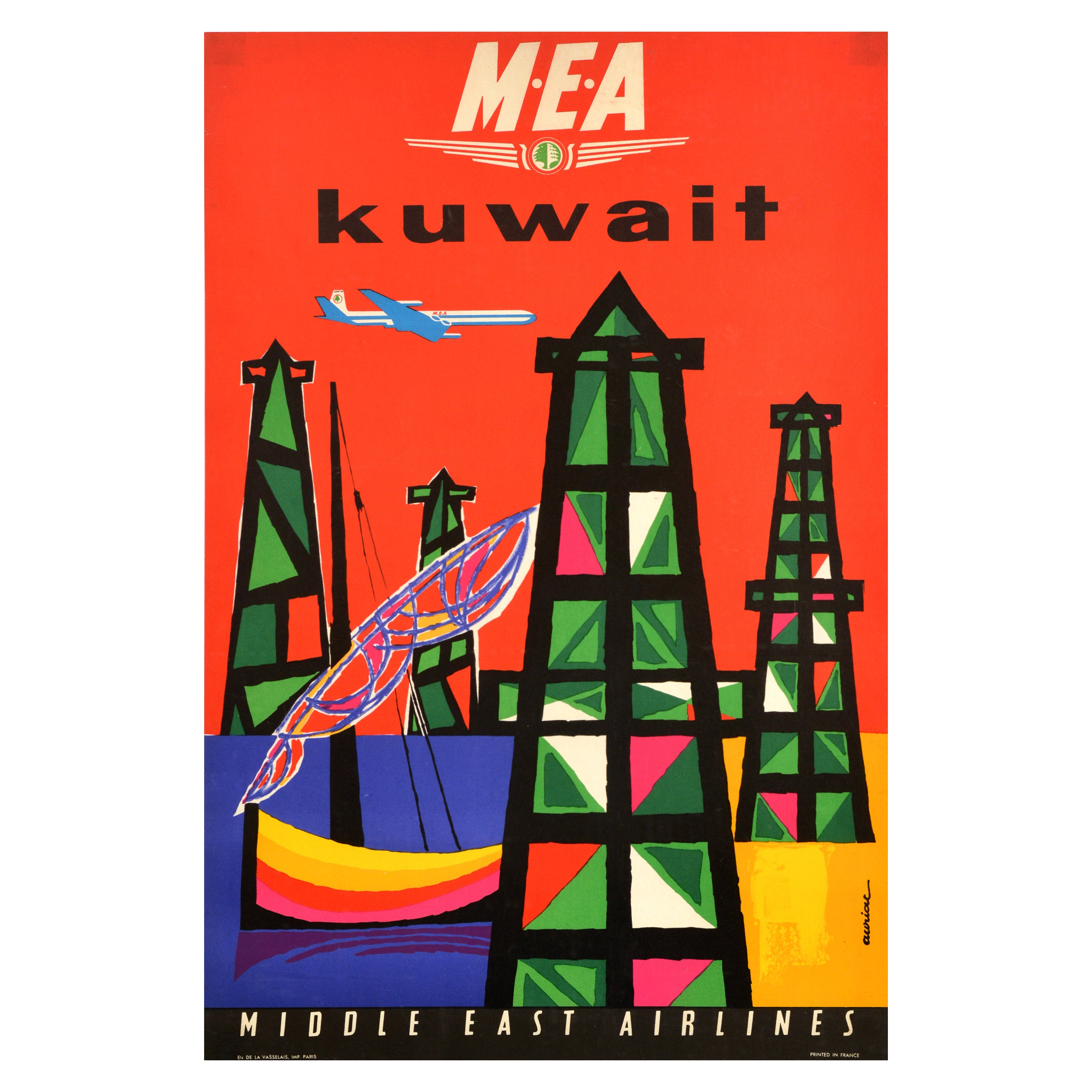 Original Vintage Advertising Poster Kuwait MEA Middle East Airlines Auriac