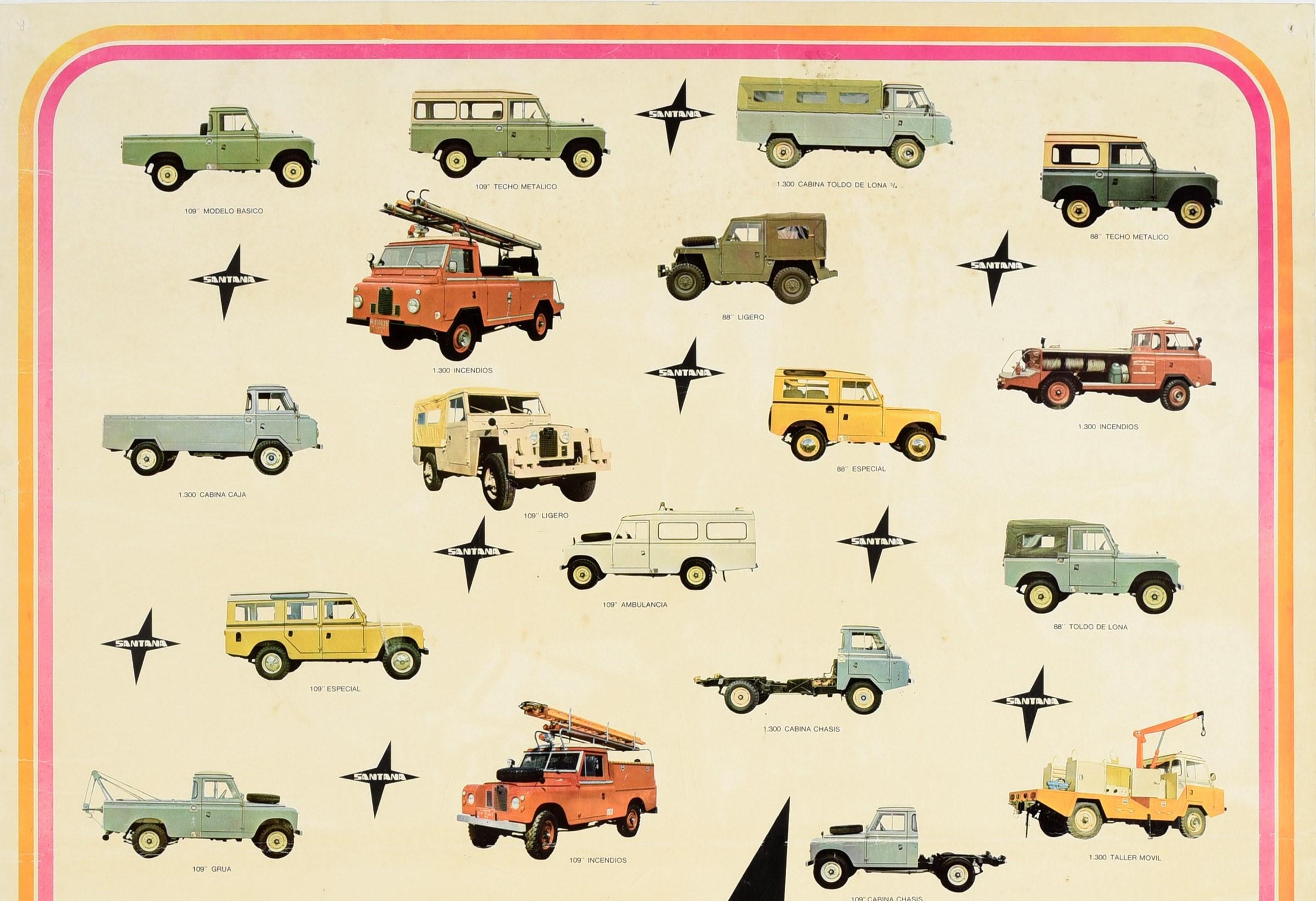 Original vintage advertising poster for Land-Rover Santana Fernando Rodriguez Metalurgica de Santa Ana featuring images of off-road Land Rover pick-up jeep models with black star shapes within a pink and orange border, a yellow Land Rover car