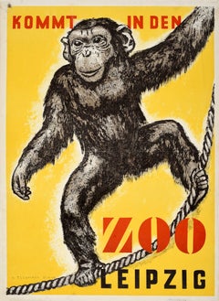 Original Vintage Advertising Poster Leipzig Zoo Chimpanzee Monkey K Tessmann